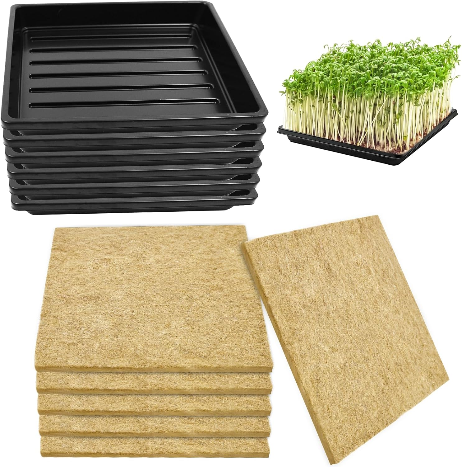Microgreens Growing Mat Set with Tray, 10″×10″ Hemp Fiber Grow Pads, 6-Pack