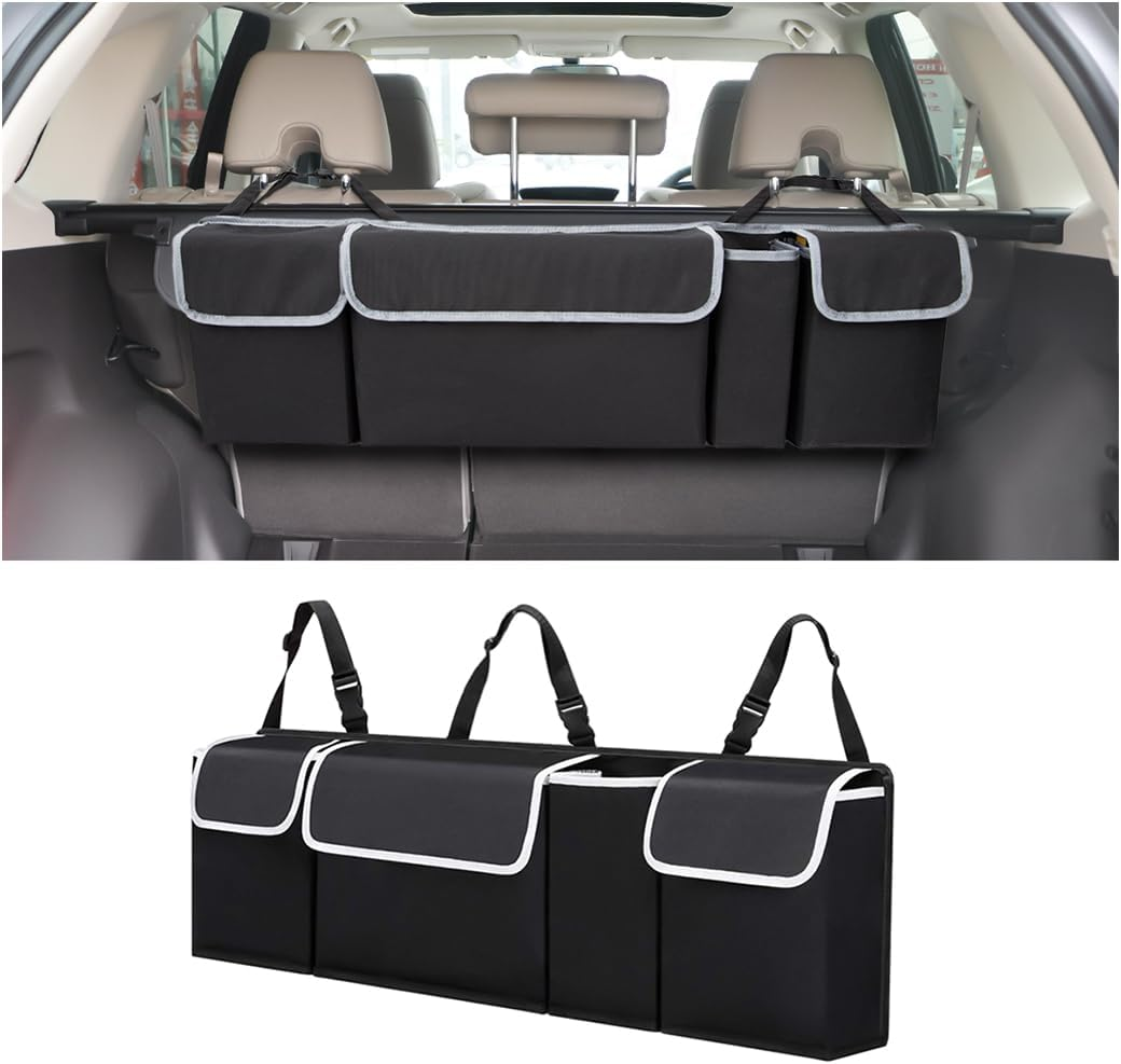 Car Trunk Organizer with Lid, Backseat Hanging Storage Bag with 4 Pockets & 3