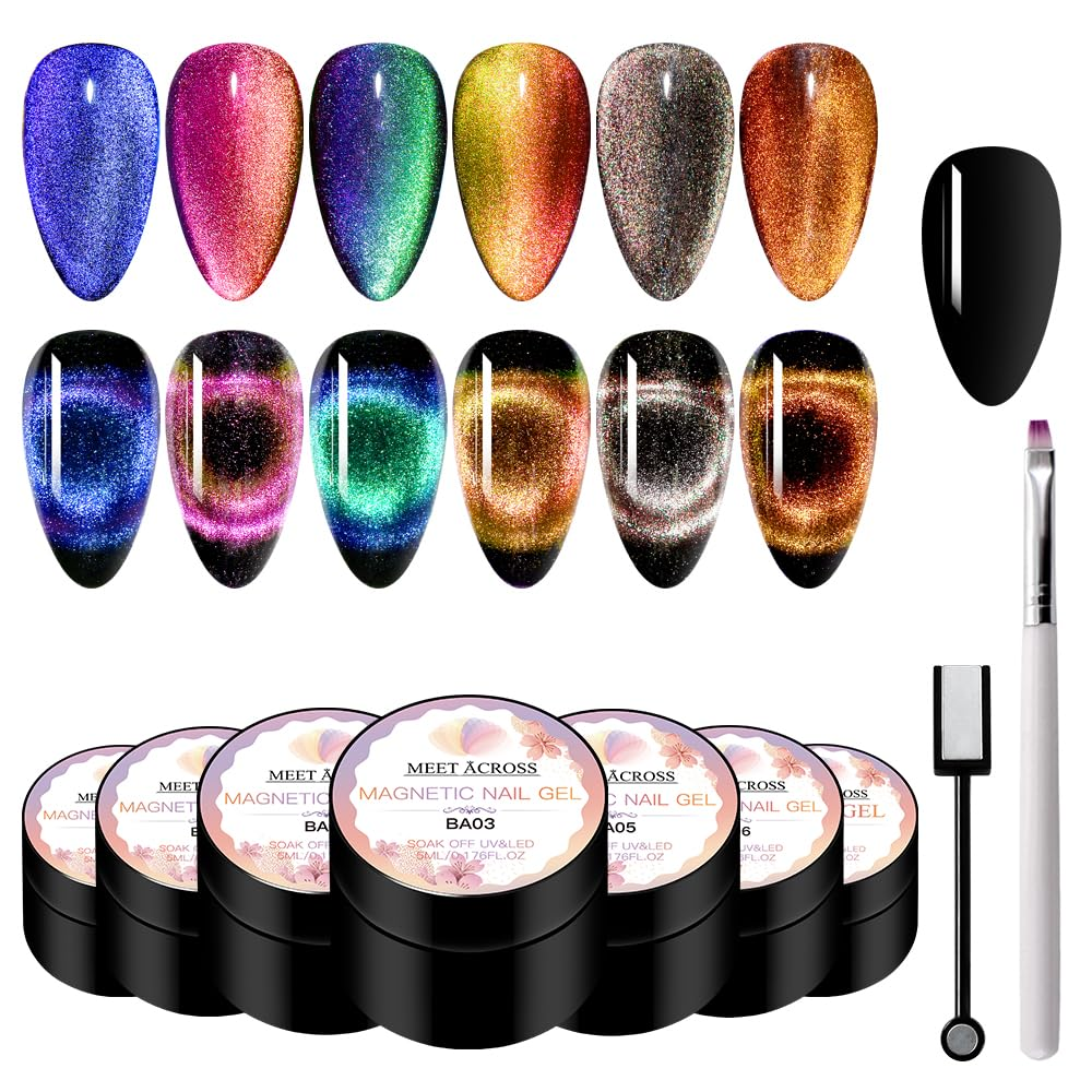 9D Cat Eye Gel Nail Polish Set Chameleon Magnetic Gel Soak off UV LED 7 Color Gel with Magnet Stick and Brush