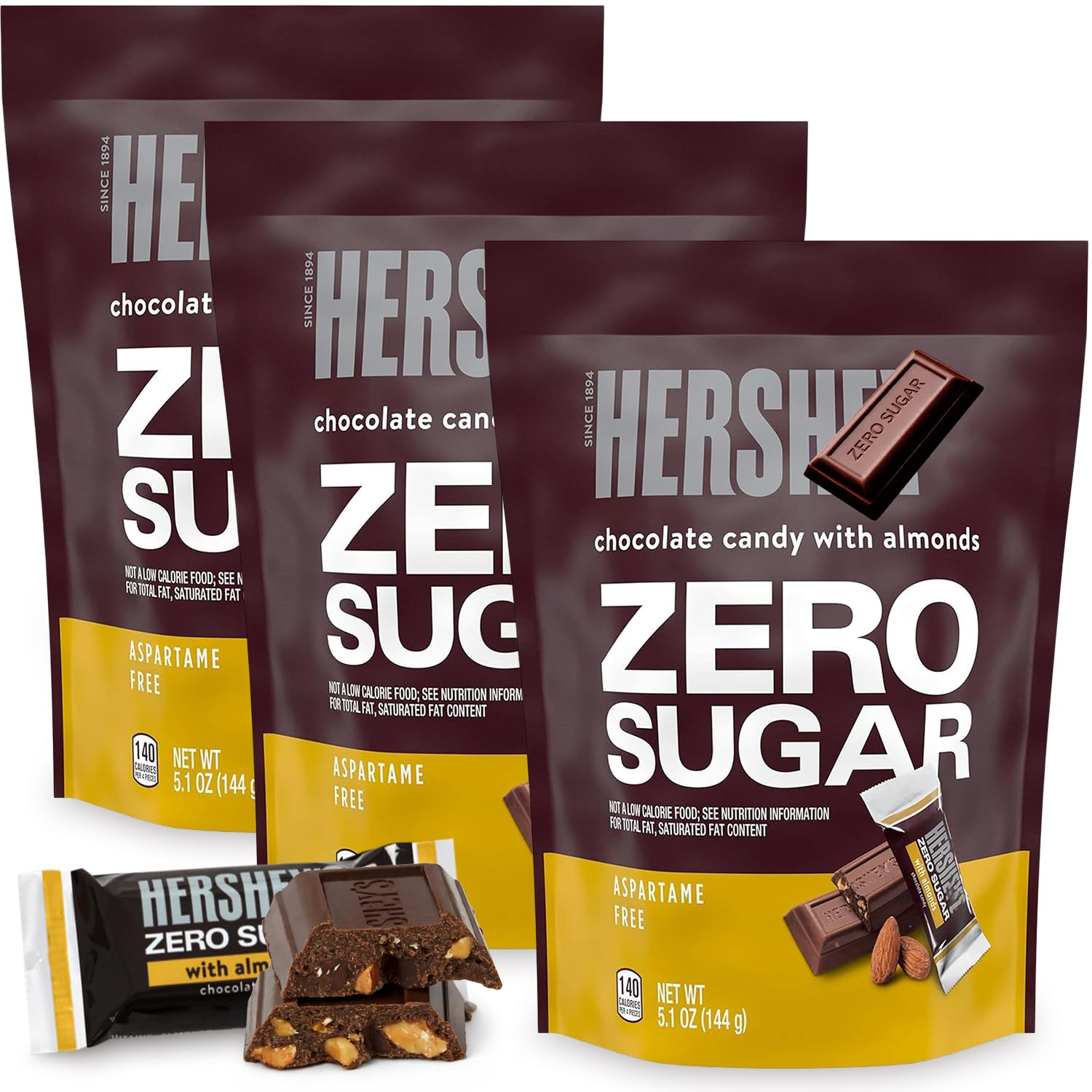 3 Bags Hershey's Zero Sugar Original Milk Chocolate with Almonds Mini-Candy Bars