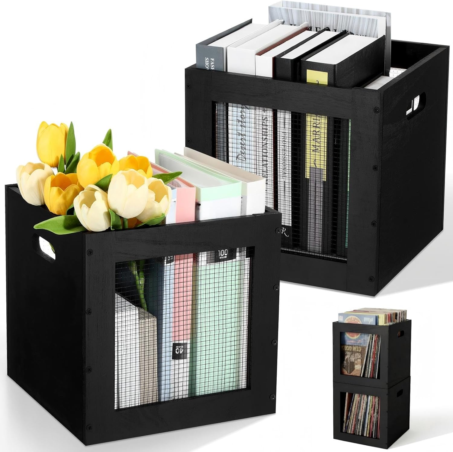 2 Pack Stackable Wood Storage Bins with Metal Wire and Handles 11 X 11 X 11 Inch, 22L Cube Vinyl Record Holder Wooden Storage Crate Basket for Shelve Fruit Vegetable Pantry Toy(Paint Black)