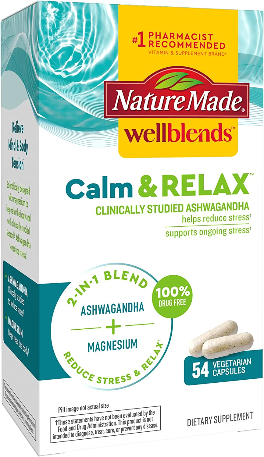 Nature Made Wellblends Calm & Relax, Ashwagandha 125 mg, Magnesium 300 mg, 54 Vegetarian Capsules