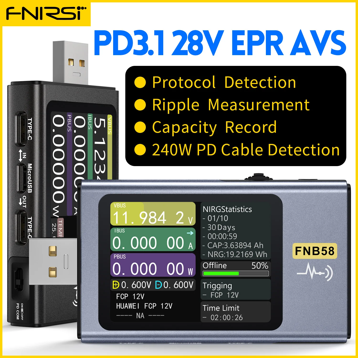 FNB58 USB тестер напряжения и тока, измерение емкости, Type-C триггер быс