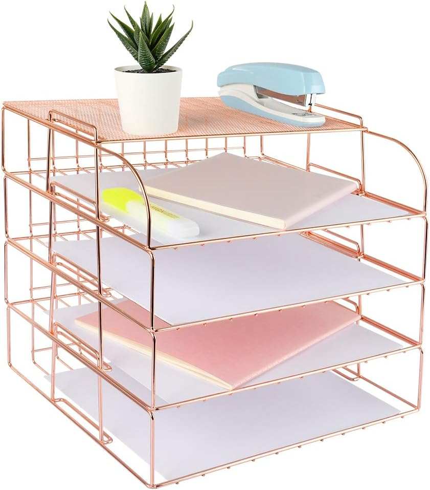 Spacrea Letter Tray, 4 Tier Rose Gold Desk Organizers and Accessories for Women, Stackable Paper File Organizer with 1 Upper Display Shelf (Rose Gold)