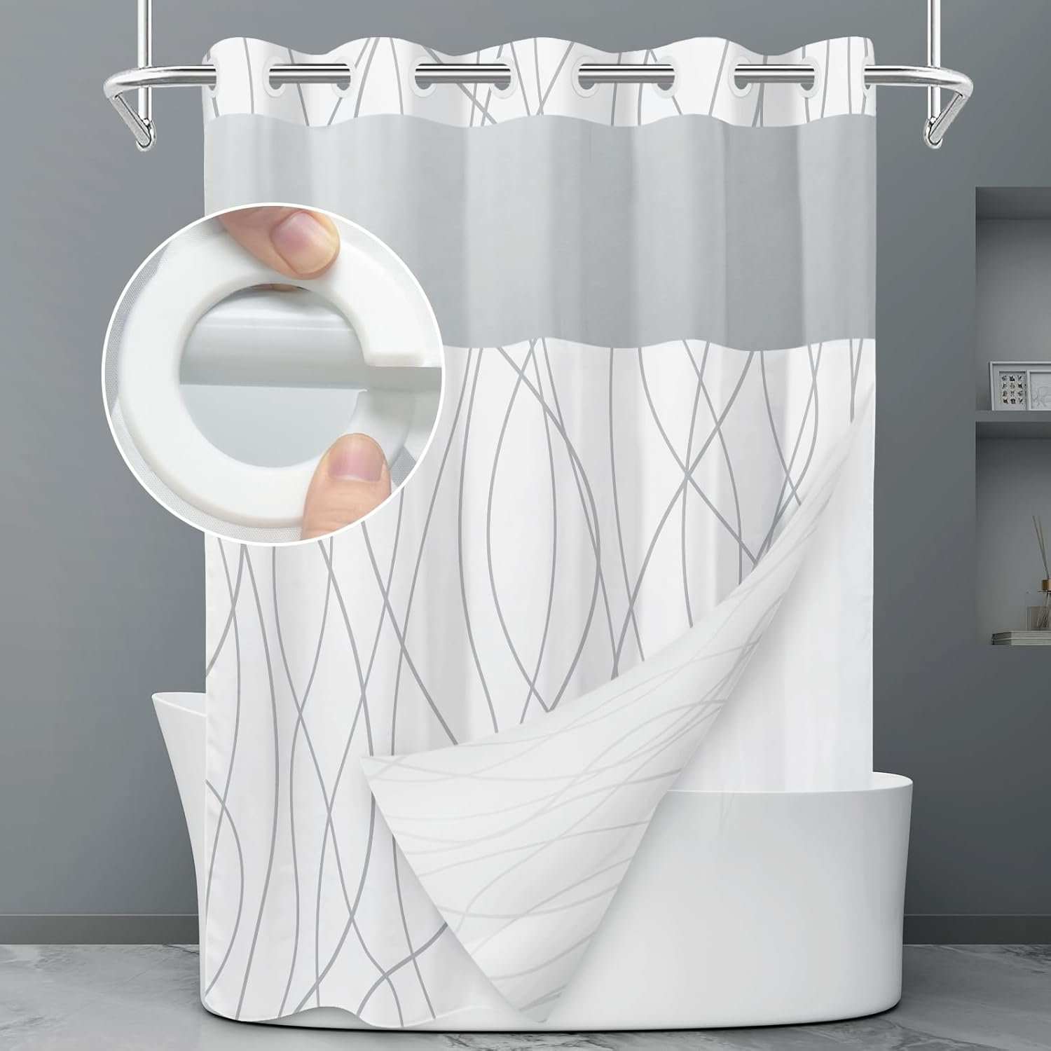 Cortina De Bano Sin Ganchos Gris Blanca Con Forro 71x74 Pulgadas Lavable Maquina
