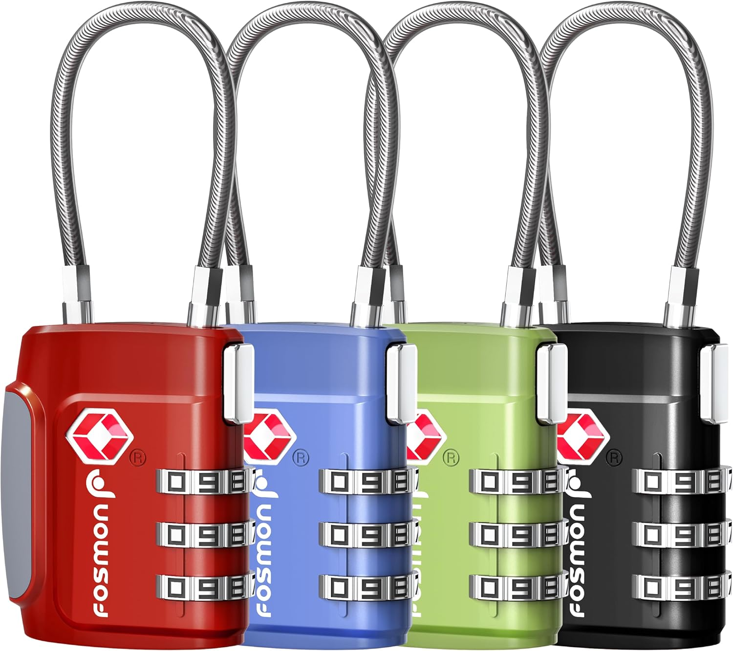 TSA Accepted Cable Luggage Locks, 3 Digit Combination with Open Alert Indicator, Alloy Body and Release Button for Travel Bag, Suit Case & Luggage (4 Pack) - Black, Green, Red and Blue
