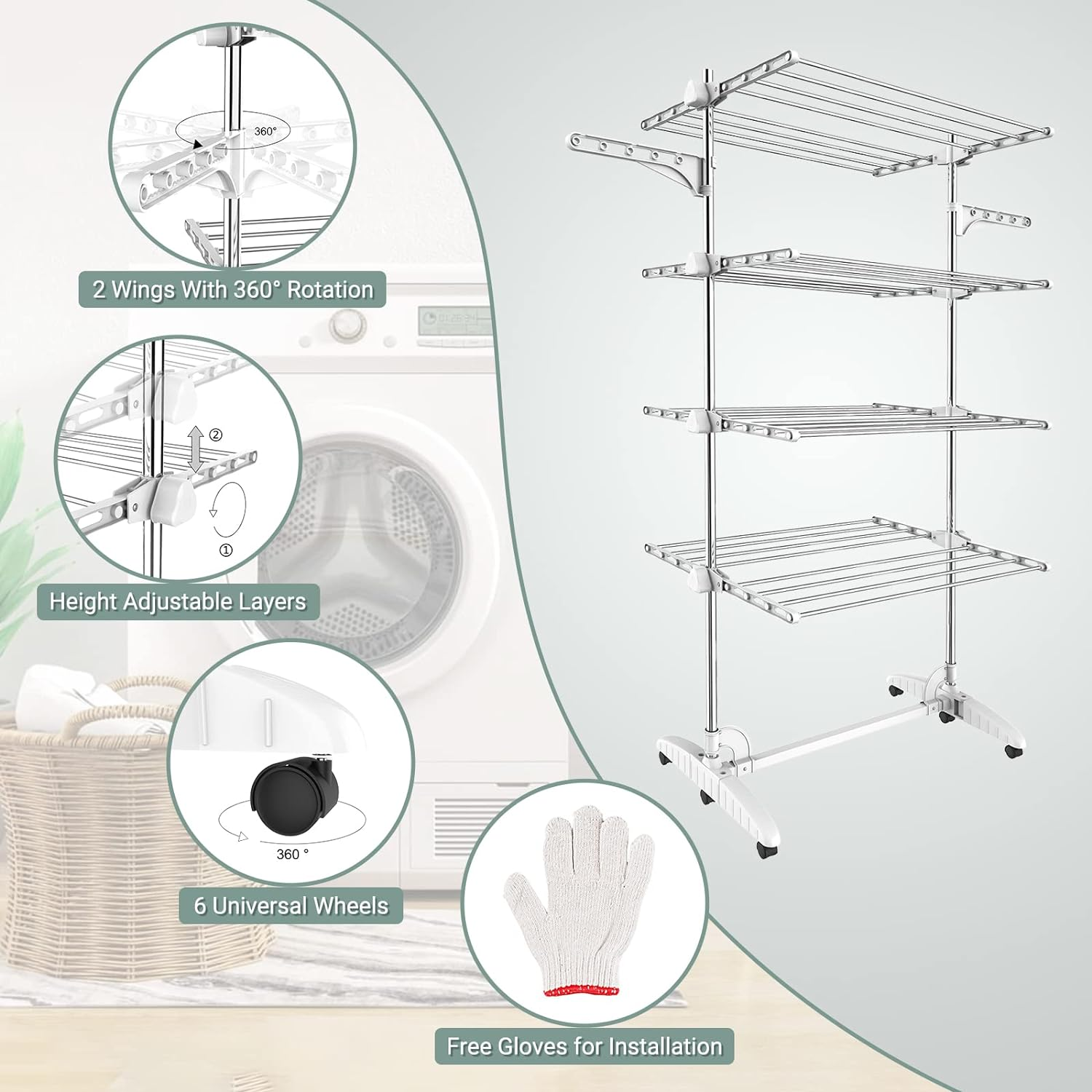 Todeco - Laundry Drying Rack, Clothes Airer - Material: Stainless Steel Tubes... - Picture 3 of 13