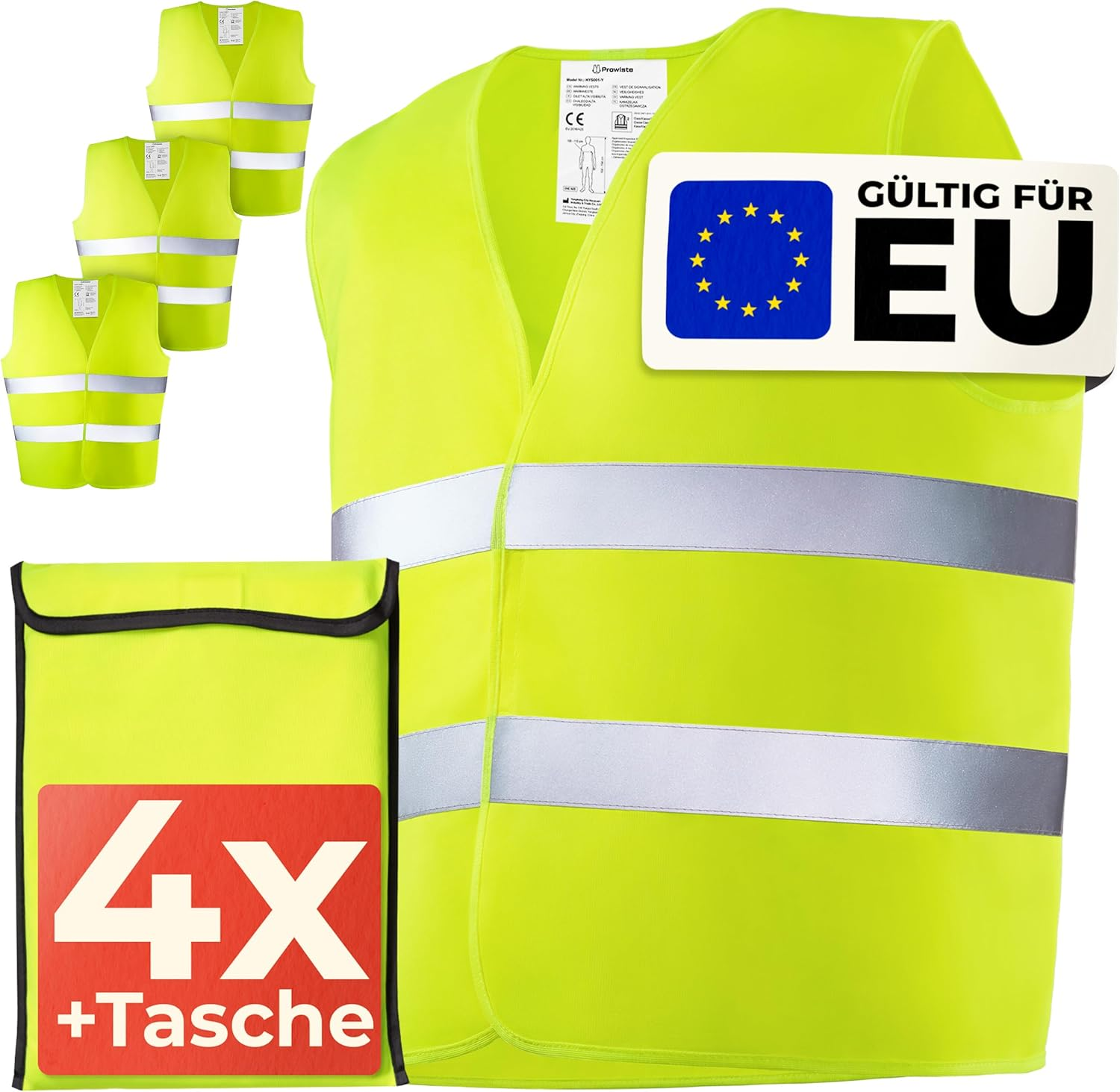 4 Warnwesten Auto Set Mit Tasche – Europaweit Gültig Nach EN ISO 20471 - Stark Reflektierende Warnweste – Sicherheitsweste Gelb Warnschutzweste - KFZ Auto Zubehör - Safety Vest