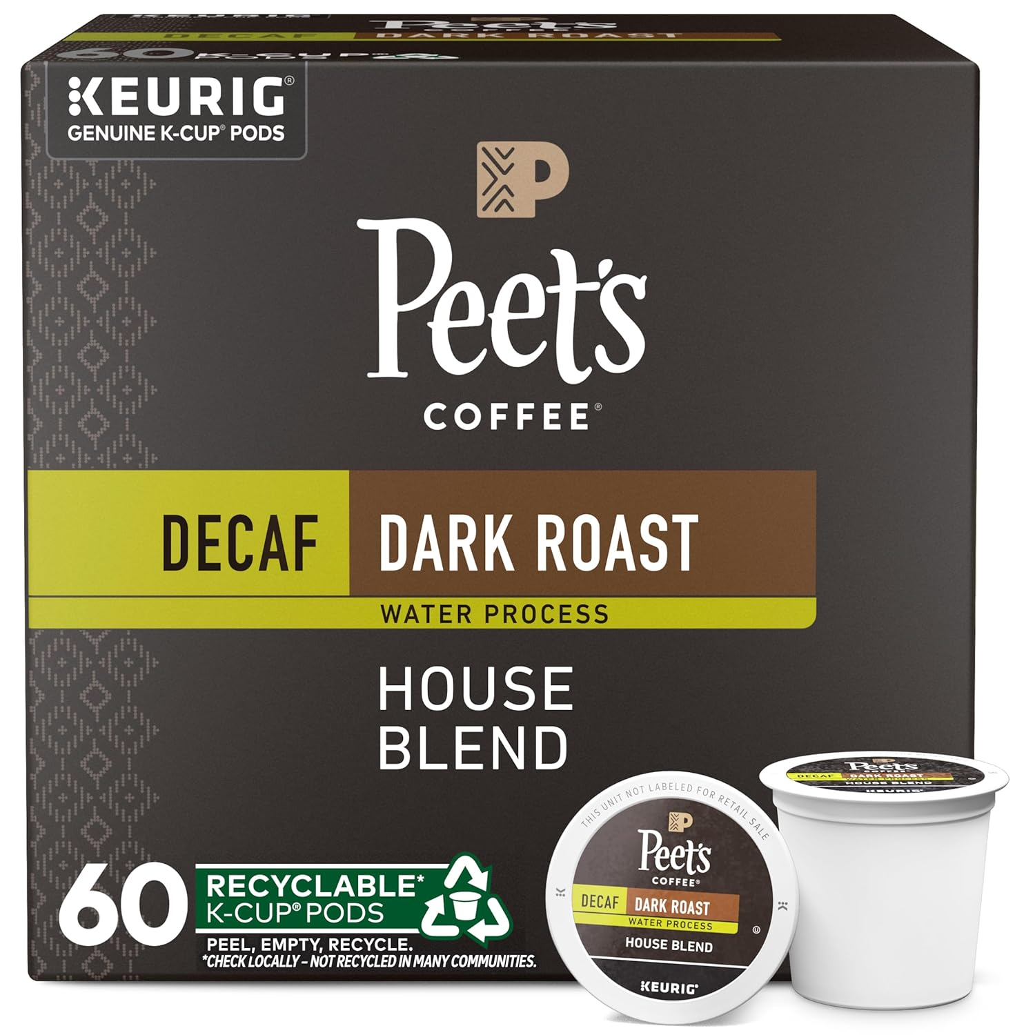 Peet'S Coffee, Dark Roast Decaf Keurig K-Cup Pods - Decaf House Blend 60 Count (6 Boxes of 10 K-Cup Pods)
