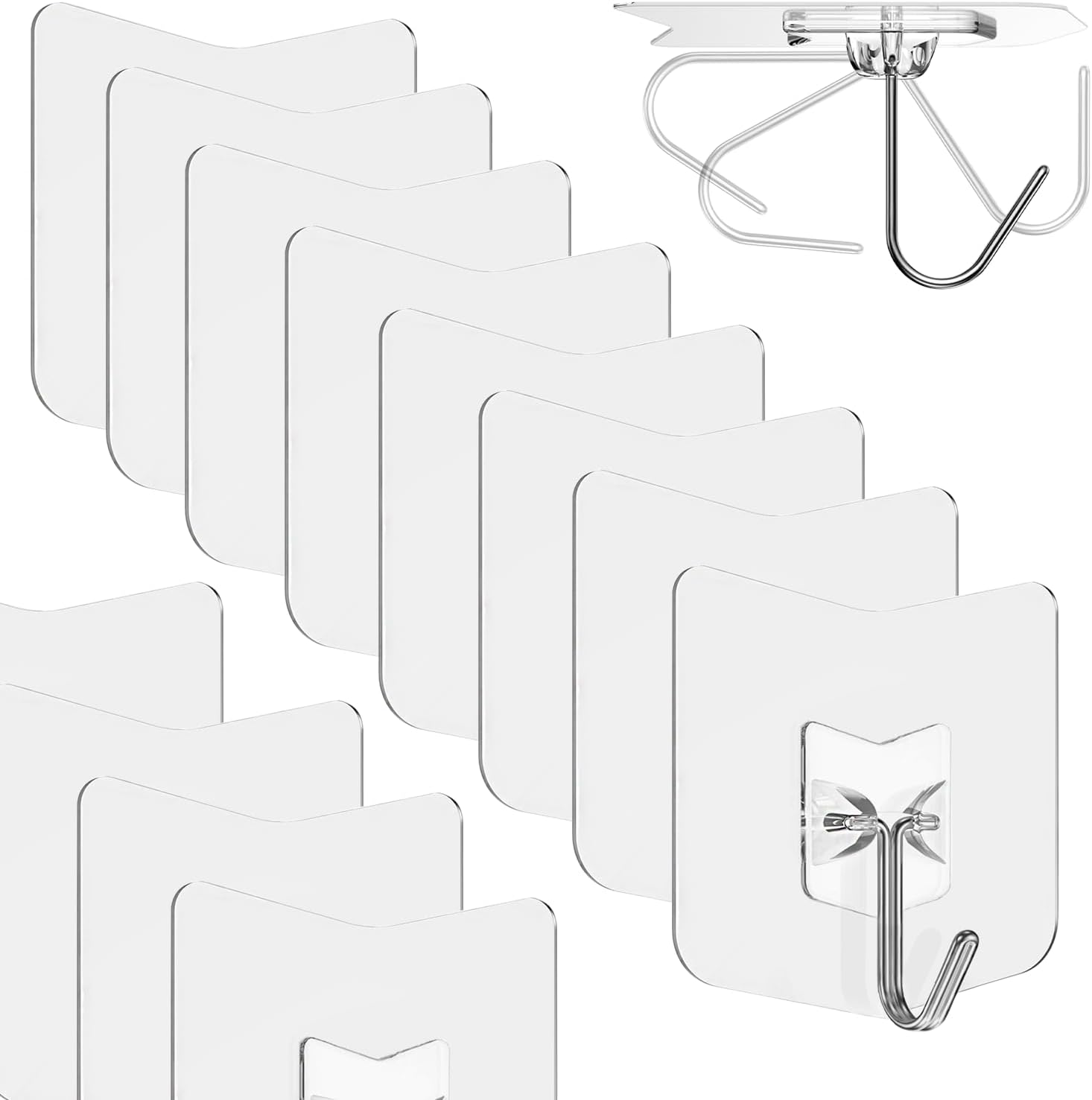 Adhesive Hooks for Hanging 12 Pack: Heavy Duty Wall Hooks 304 Stainless Steel Self Adhesive Towel Hook Waterproof Transparent Sticky Hooks for Kitchen Glass Door (12)