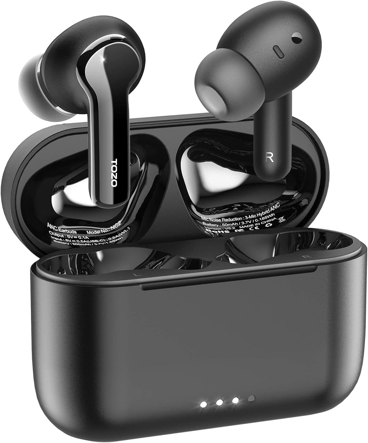 TOZO NC2 Hybrid Active Noise Cancelling Wireless Earbuds, In-Ear Detection Headphones, IPX6 Waterproof Bluetooth 5.3 Stereo Earphones, Immersive Sound Premium Deep Bass Headset Matte Black