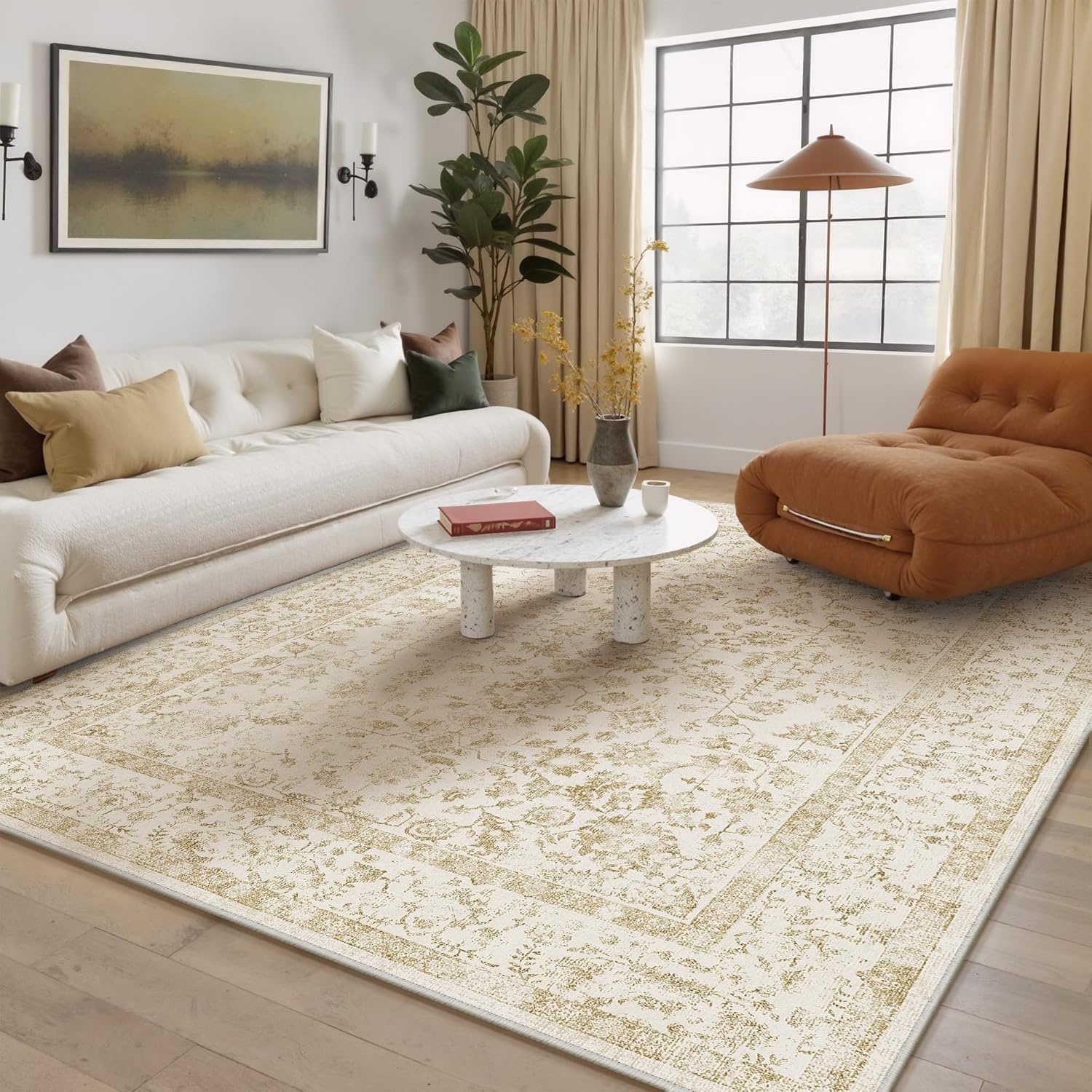 5X7 Brown Area Rug Non Slip Vintage Living Room Distressed Machine Washable Carpet Traditional Indoor Bedroom Brown Retro Floral Accent Throw Rug for Office Kitchen Dorm Dining Room