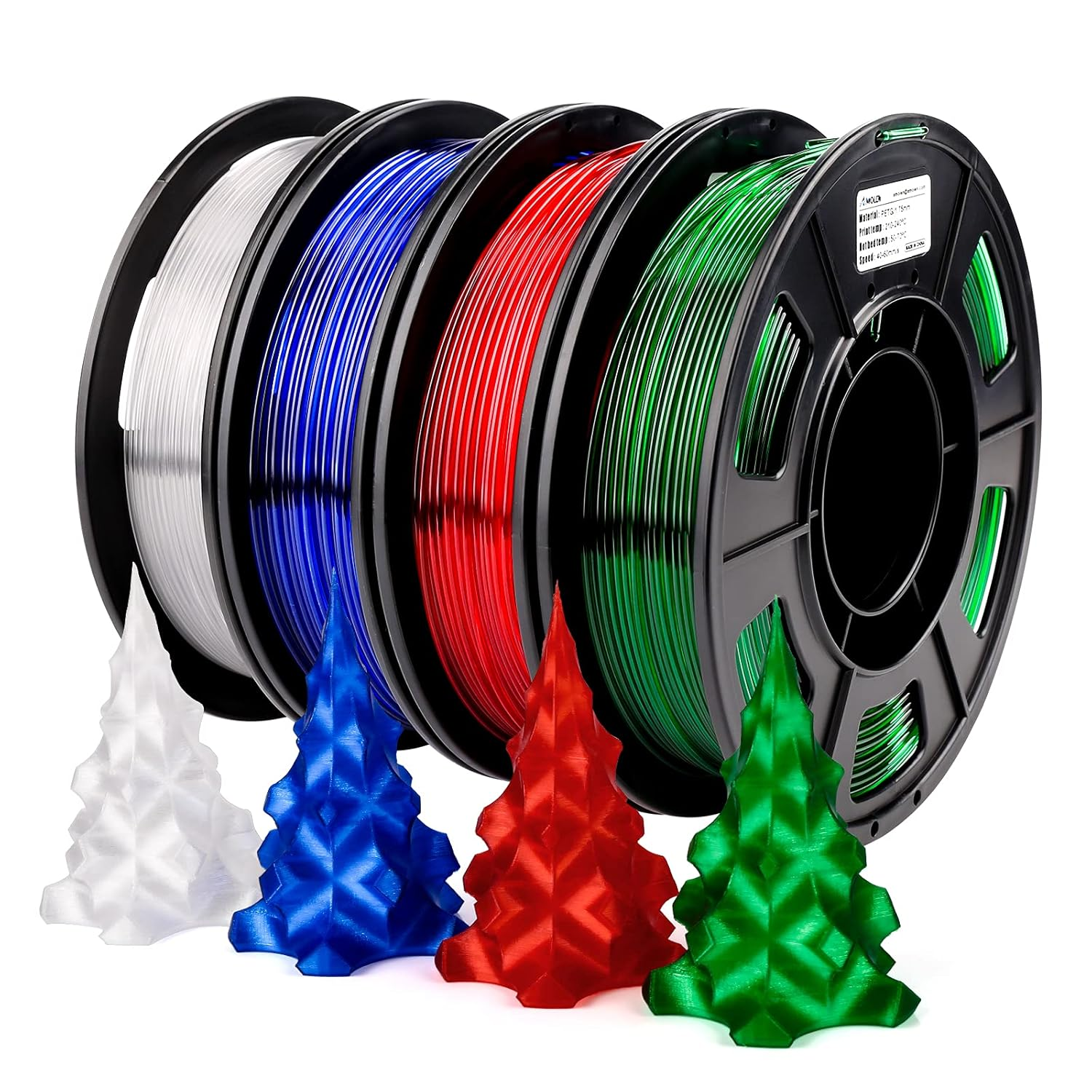 3D Printer Filament Bundle, PETG Filament 1.75mm,Transcucent Clear/White,Red,Green,Blue Filament,PETG Transparent Filament with Light Transmission Feature,250g x 4 Spools Set