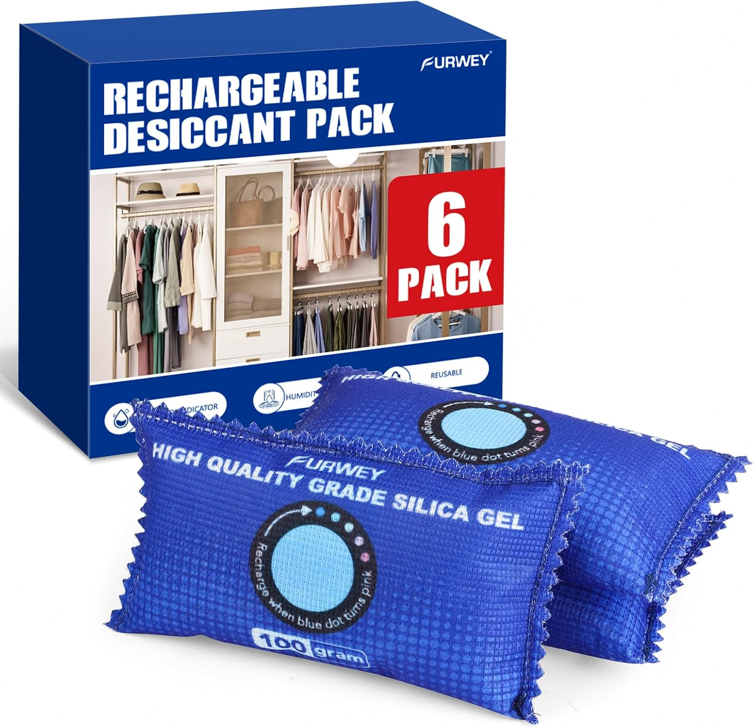 100G [ 6 Packs] Rechargeable Desiccant Packs for Storage, Color Indicating Silica Gel Desiccant Packets, Moisture Absorbers for Storage, Dehumidifier Bag for Closets