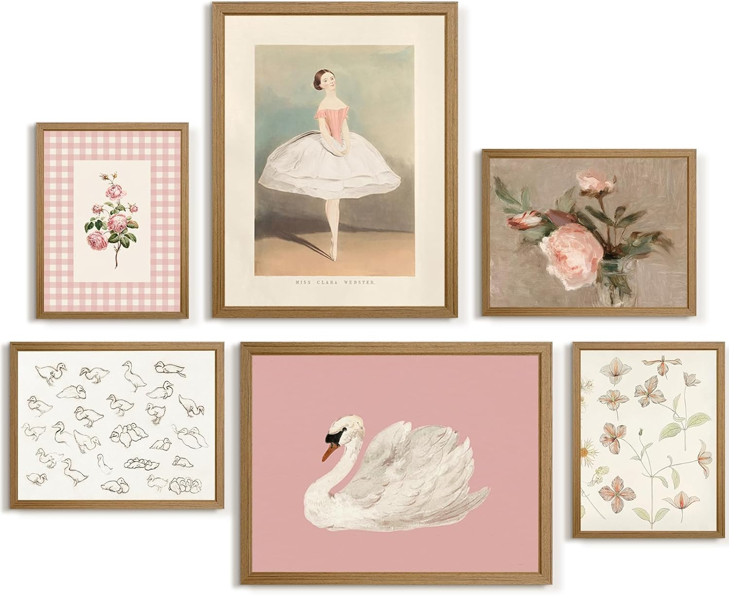 Nursery Pink Wall Art Decor Baby Girl Canvas Wall Art Vintage Floral Prints Kids Room Wall Decor Preppy Flower Poster Antique Pink Pictures Swans Painting for Girls Room Bedroom 12X16X6 Inch Framed