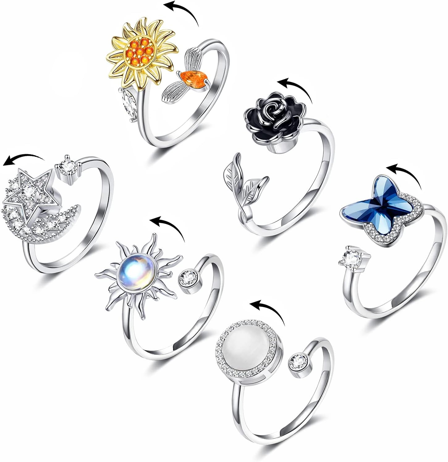 KOHOTA Fidget Rings for Women Spinner Ring for Anxiety Adjustable CZ Sunflower Butterfly Rose Star Moon Stress Relief Open Rings Set…