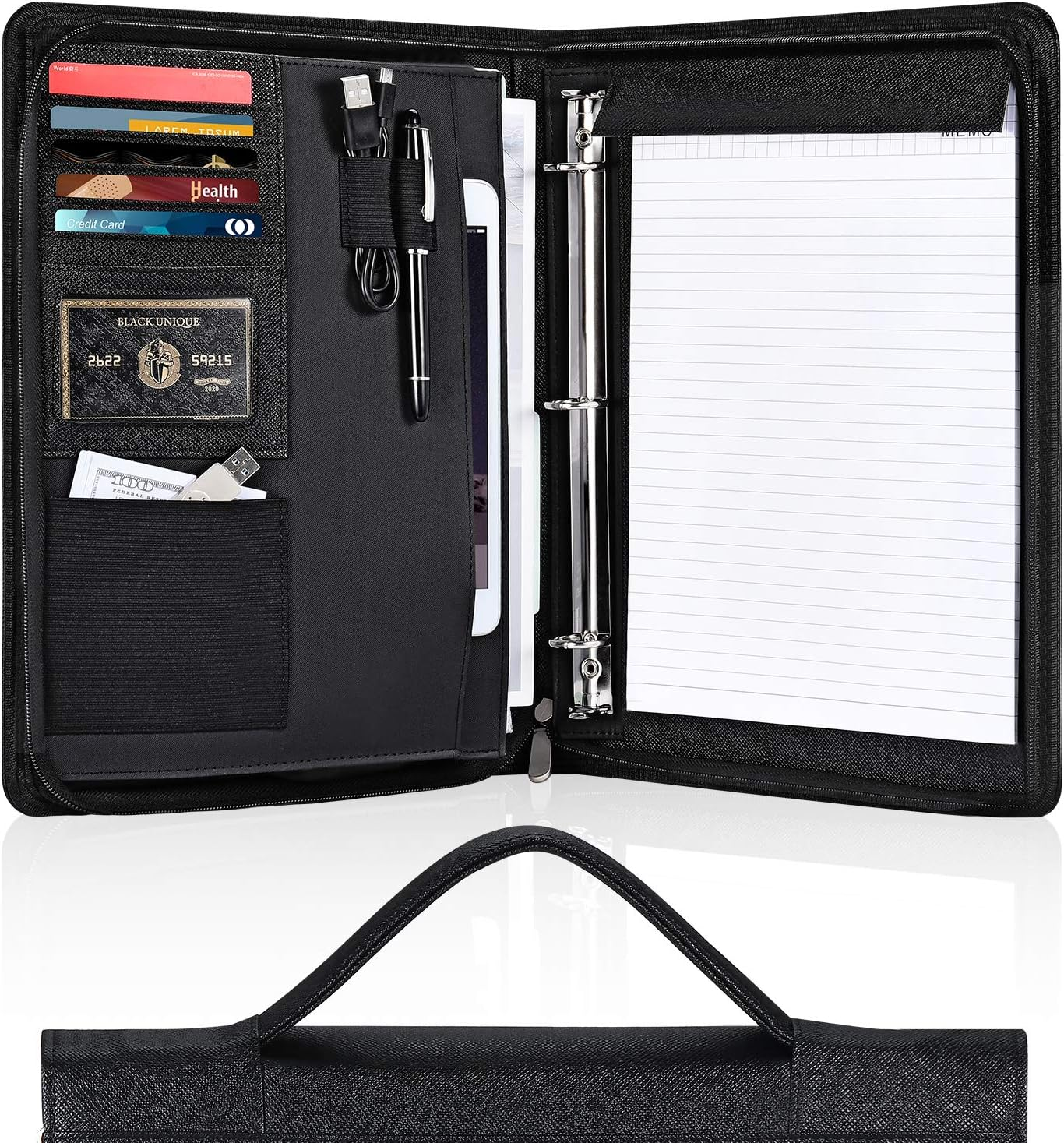 Portfolio Binder,  3 Ring Binder Portfolio Organizer with Leather Folder Writing Pad Zipper Business Notebook Binders Tablets Notepads Resumes Documents Holder for Men Women