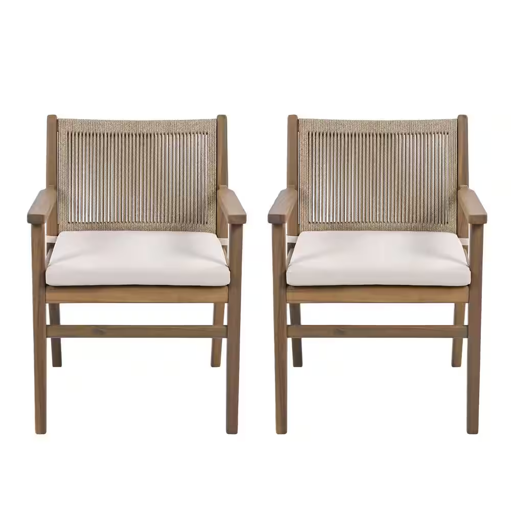 Acacia Wood Outdoor Dining Chairs Set of 2, with Brown Cushion, 400 Lbs. Weight Capacity