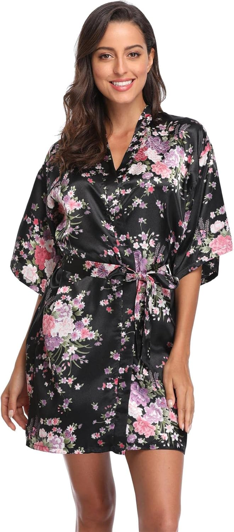 Women Floral Satin Kimono Robes Short Bridesmaid Robe for Getting Ready Wedding Dressing Gown