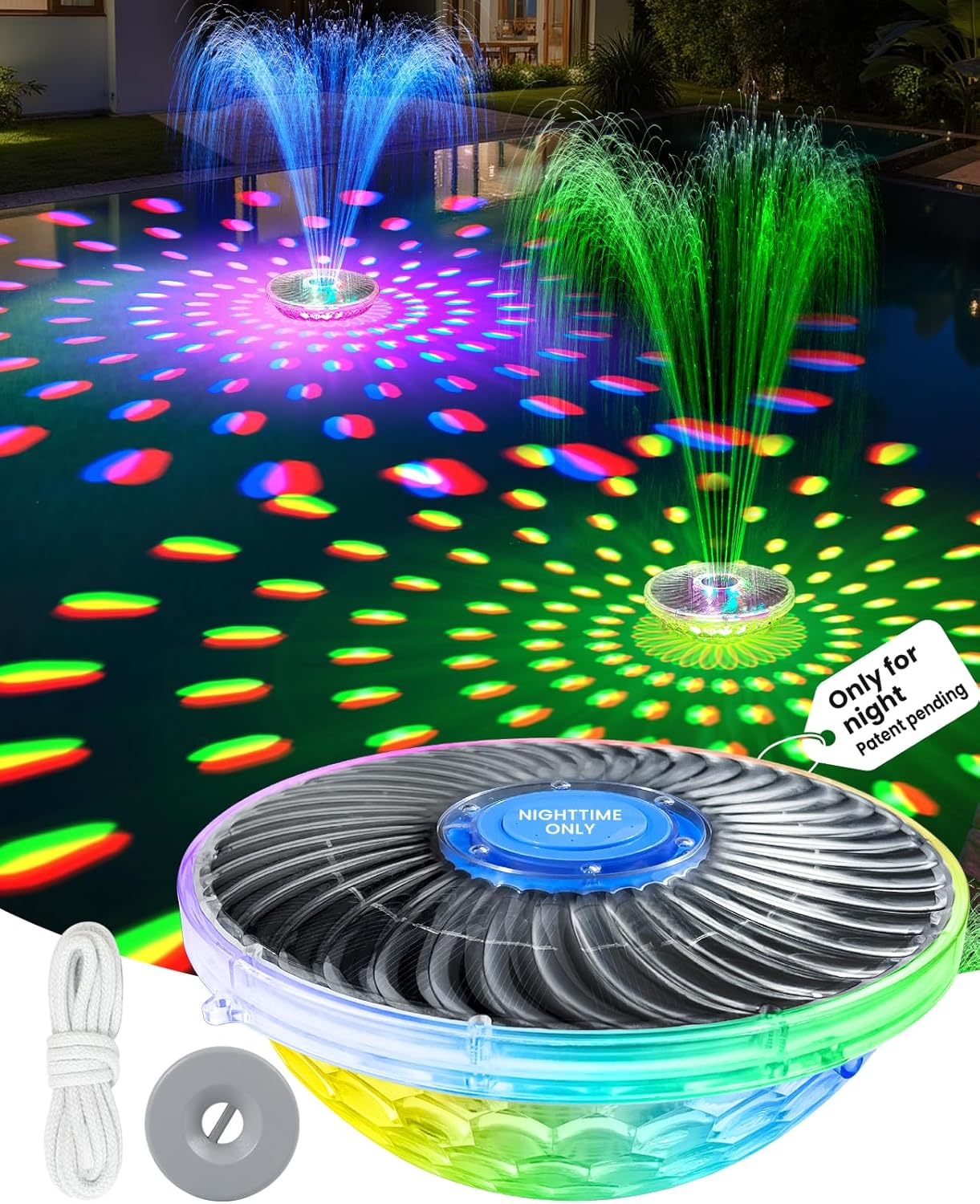 Solar Pool Fountain with Light Show, 2026 Upgraded Large Solar Pool Water Fountain, Floating Pool Fountain for above Ground Pool,Solar Floating Fountain Pump for Nighttime Use Blue-1Pk