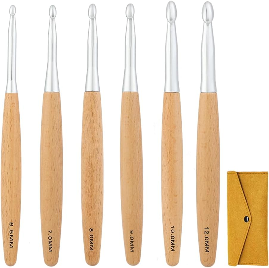 Large Crochet Hook Set 6PCS Sizes 6.5mm to 12mm Beech Wood Handle Hooks