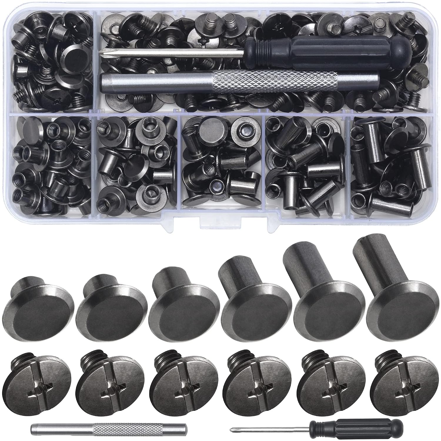 YORANYO 110Sets Chicago Screws Leather Rivets Assorted Screw Rivets Chicago Binding Screws for Decorate and Repair Leather Craft Belt Bag Shoes Purse Bookbinding (Gunmetal Black, M5*4,5,6,8,10,12)