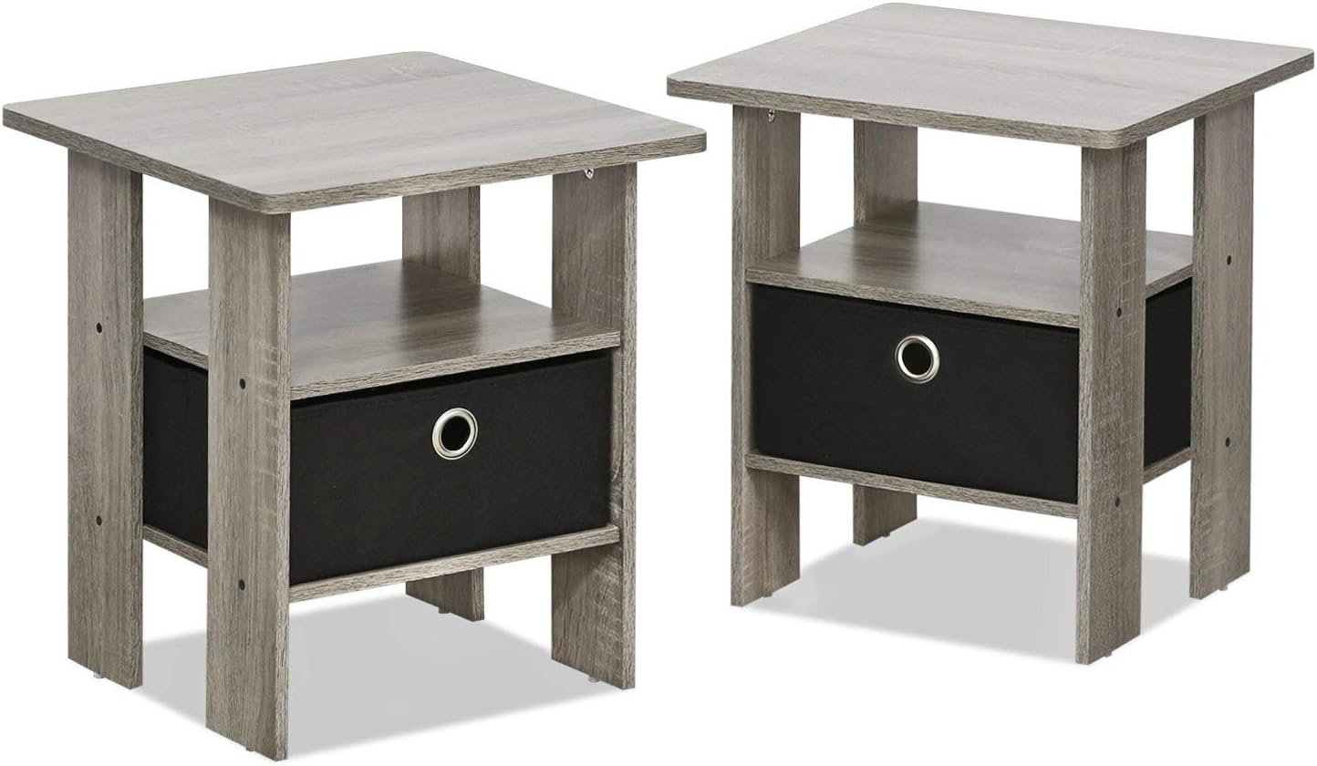 Andrey Set of 2 End Table / Side Table / Night Stand / Bedside Table with Bin Drawer, French Oak Grey