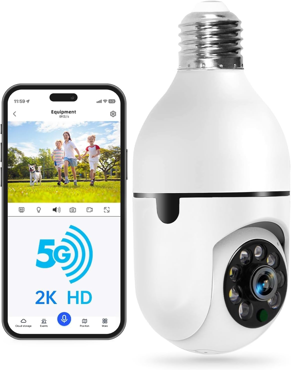 Light Bulb Security Camera -5G& 2.4Ghz Wifi 2K Security Cameras Wireless Outdoor Motion Detection and Alarm,Two-Way Talk,Color Night Vision,Human Detection, Bulb Camera Compatible with Alexa