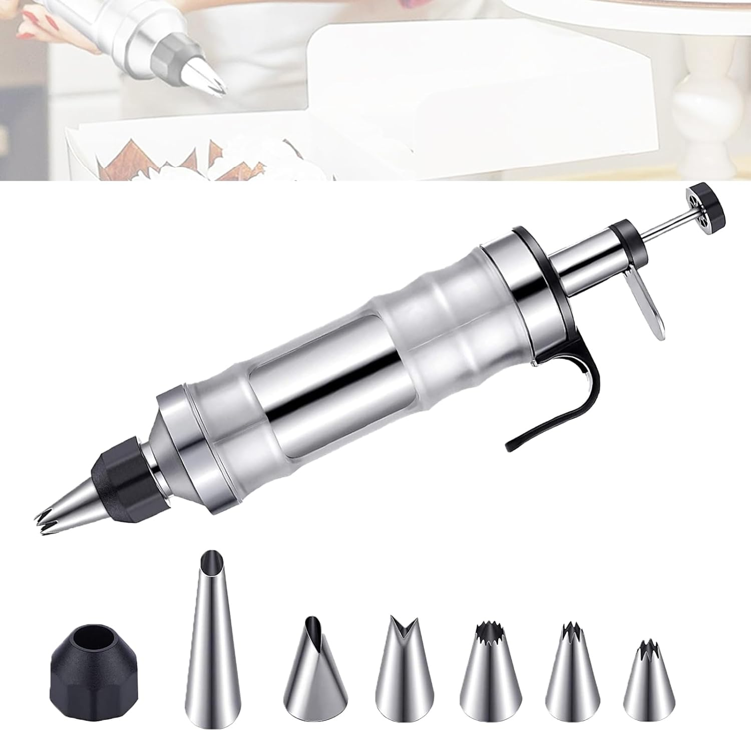 Pressa per Pasticceria in Acciaio Inox Presse per Pistola Macchina per Biscotti Professionale Siringa per Dolci Dolci Penna per Decorare Torte Cone 6 Beccucci, per Cupcakes, Pasticceria （Nero）