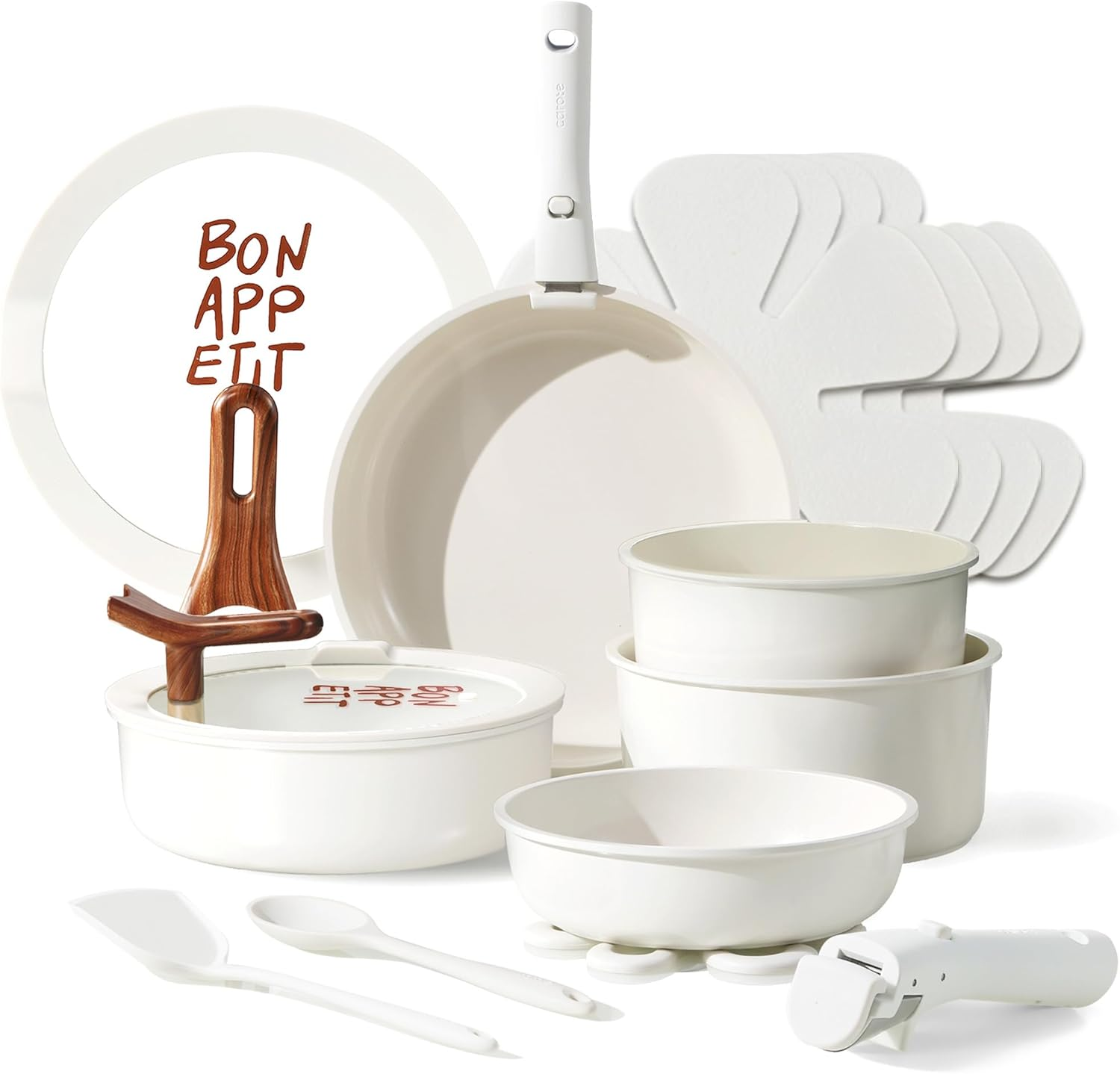 18Pcs Ceramic Cookware Set with Detachable Handle, Pots and Pans Set Non Stick, Non Toxic Kitchen Cooking Sets with Stand-Up Lid, PFAS and PFOA Free, Oven Safe, Induction Ready, Cream White