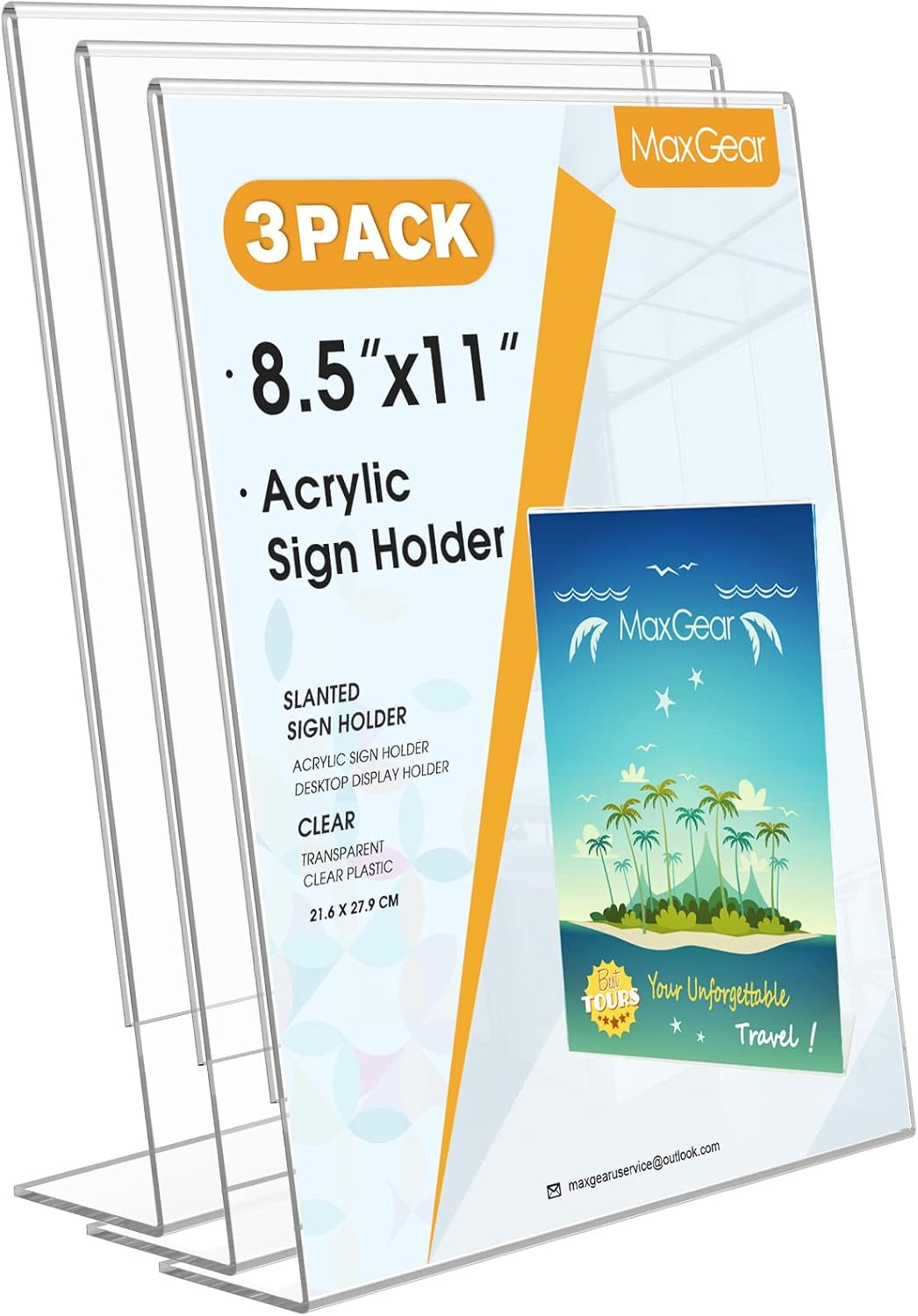Acrylic Sign Holder, Clear Sign Holders Plastic Display Stand 8.5 X 11 Inches Slant Back Countertop Display Picture Frames for Menus, Flyer, Use in Office, Store, 3 Pack