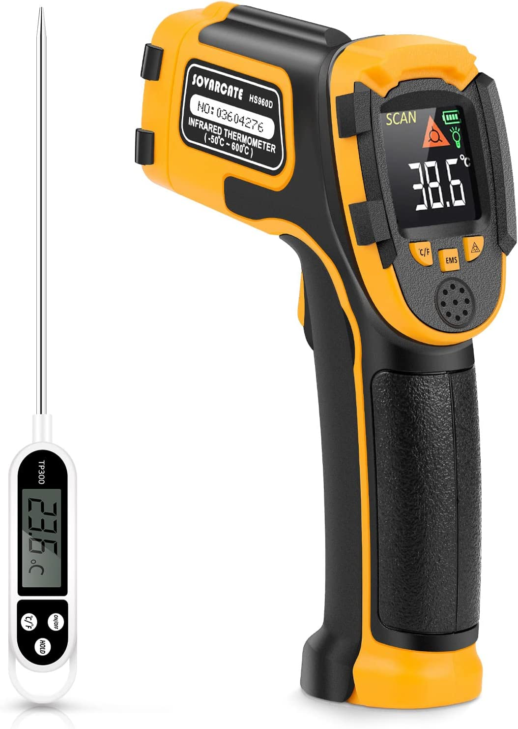 Infrared Thermometer Non-Contact Digital Laser Temperature Gun -58℉~1112℉(-50℃~600℃) Adjustable Emissivity IR Temp Gun - for Cooking, BBQ, Food, Fridge, Pizza Oven, Engine - Meat Thermometer Included