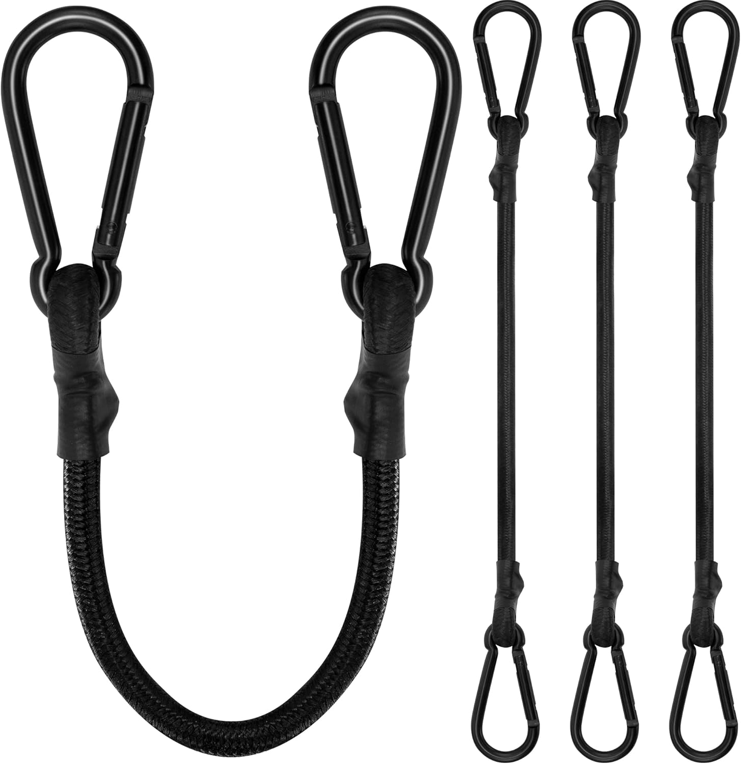 Bungee Cords with Carabiner, 12 Inch Long Heavy Duty Bungee Cords with Carabiner Clip Outdoor, 1/3 Inch Black Extra Strong Elastic Rope with Carabiner Hooks for Camping, Tarps, Bike Rack, Tent, 4 Pack