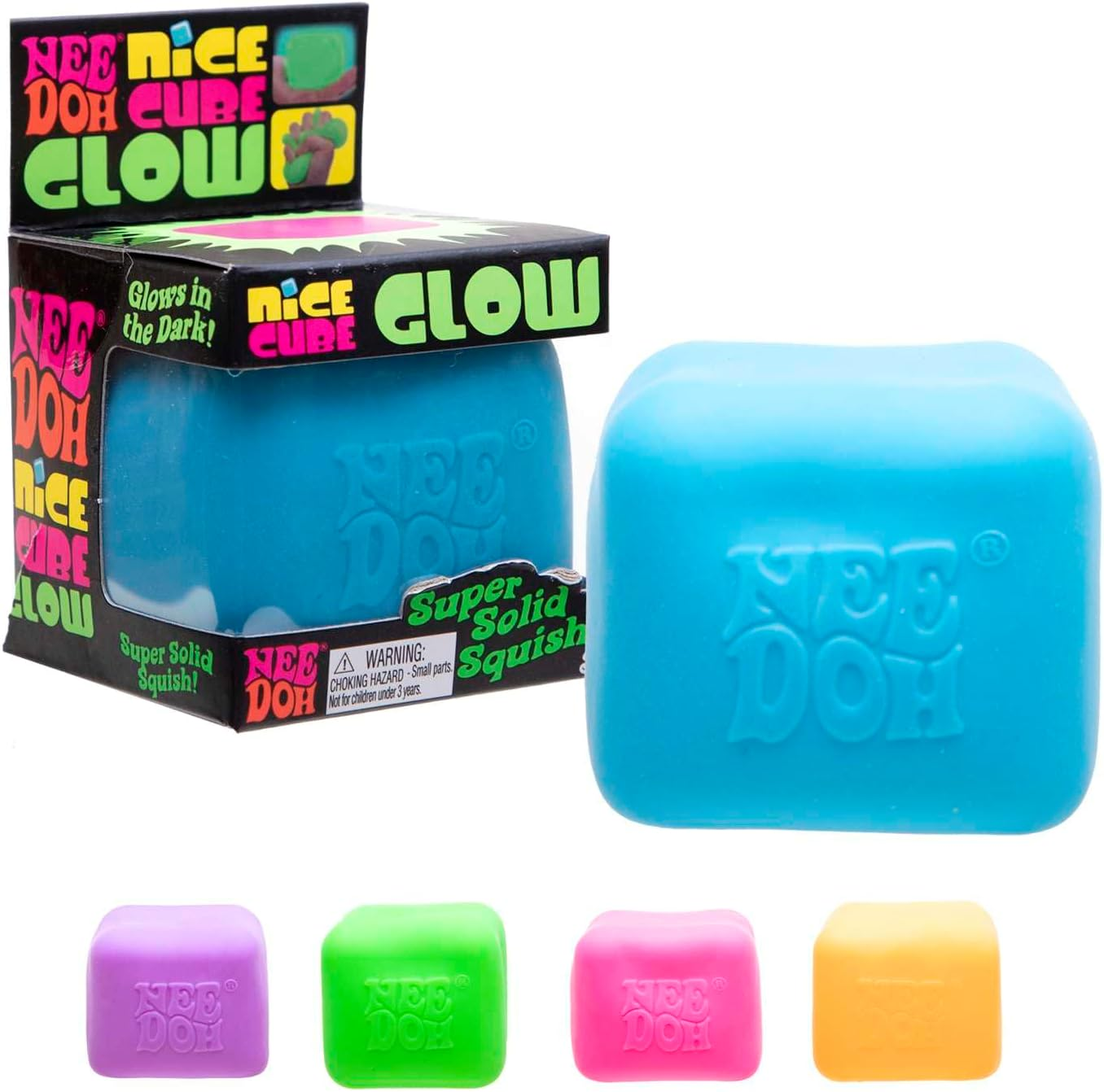 Needoh Nice Cube Glow - Sensory Toy with a Super Solid Squish - Glows in the Dark and Always Returns to Its Square Shape - Ages 3 and up - Color May Vary; One Cube per Pack