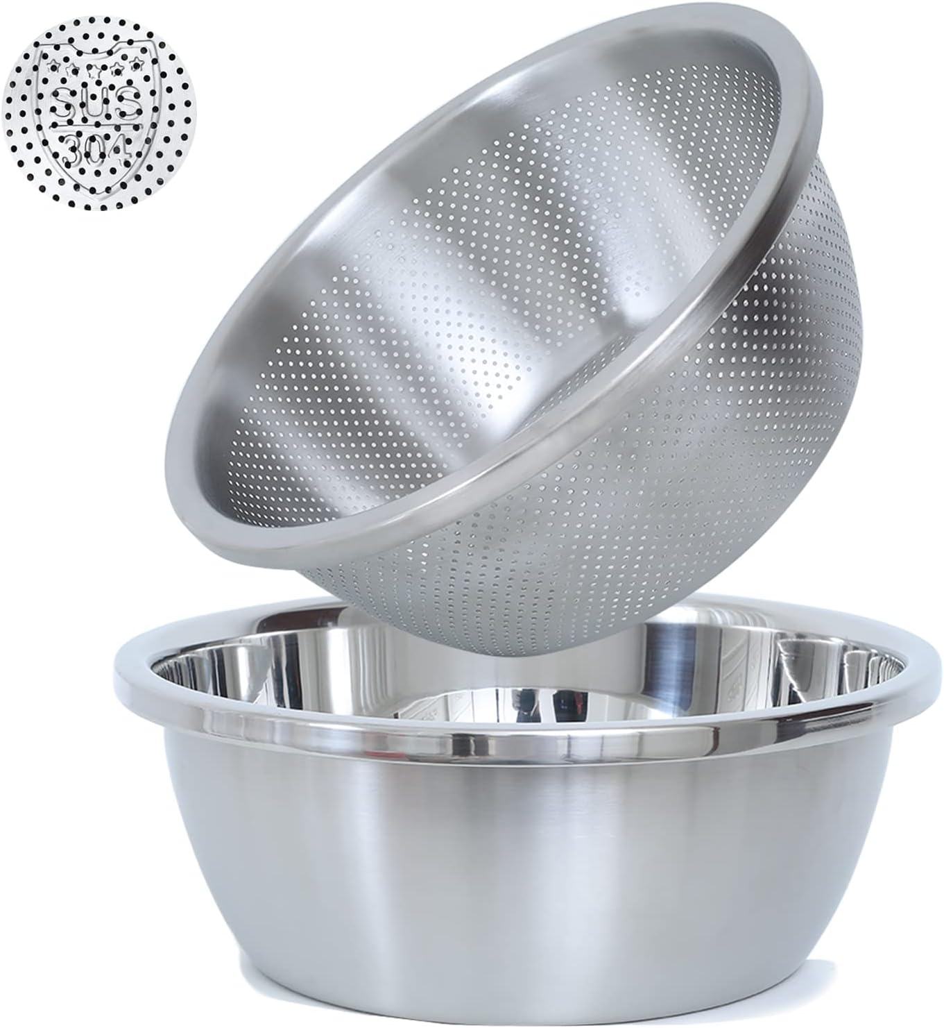 304 Stainless Steel Fine Mesh Colander Set, 2QT Large Capacity Strainer with Mixing Bowl — Rinse Fruits, Veggies, Rice & Drain Pasta, Dishwasher Safe (2-Piece)