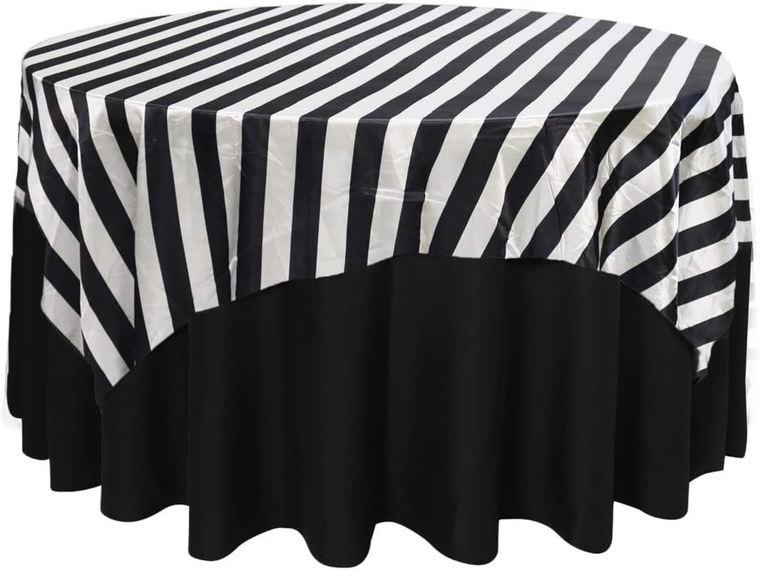 - 72 Inch Square Striped Tablecloth Satin Overlays Linens for Party Table Cloth Wedding Events Kitchen Home Dining - Black/White Striped