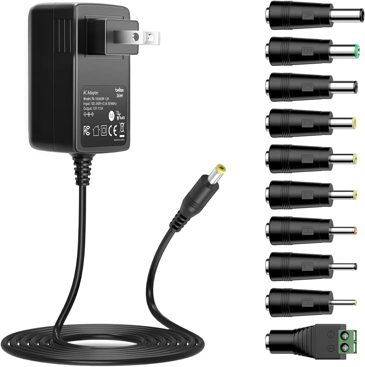 12V 3A 2.5A AC DC Power Adapter Supply Cord Wall Charger for 12 Volt Electronics - 3000Ma Max.