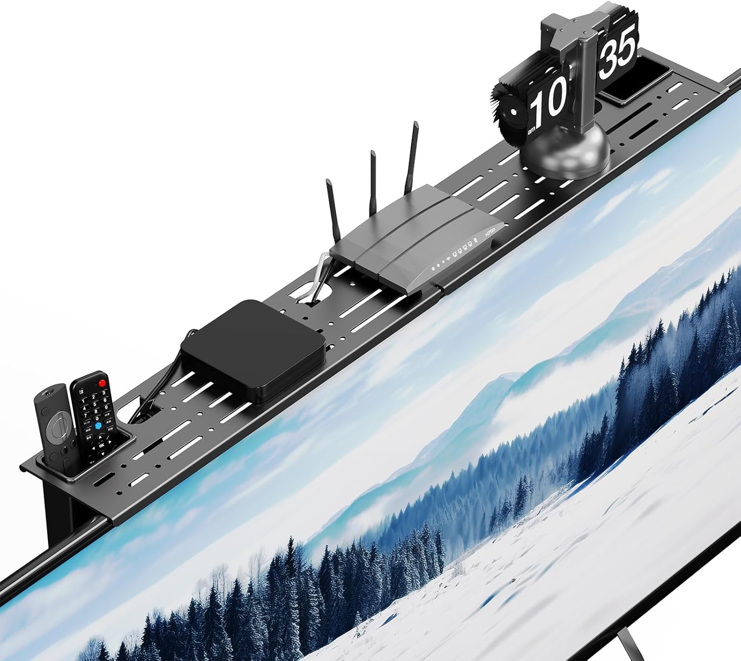 Repisa superior TV acero ajustable con 2cajas para barra sonido consolas router