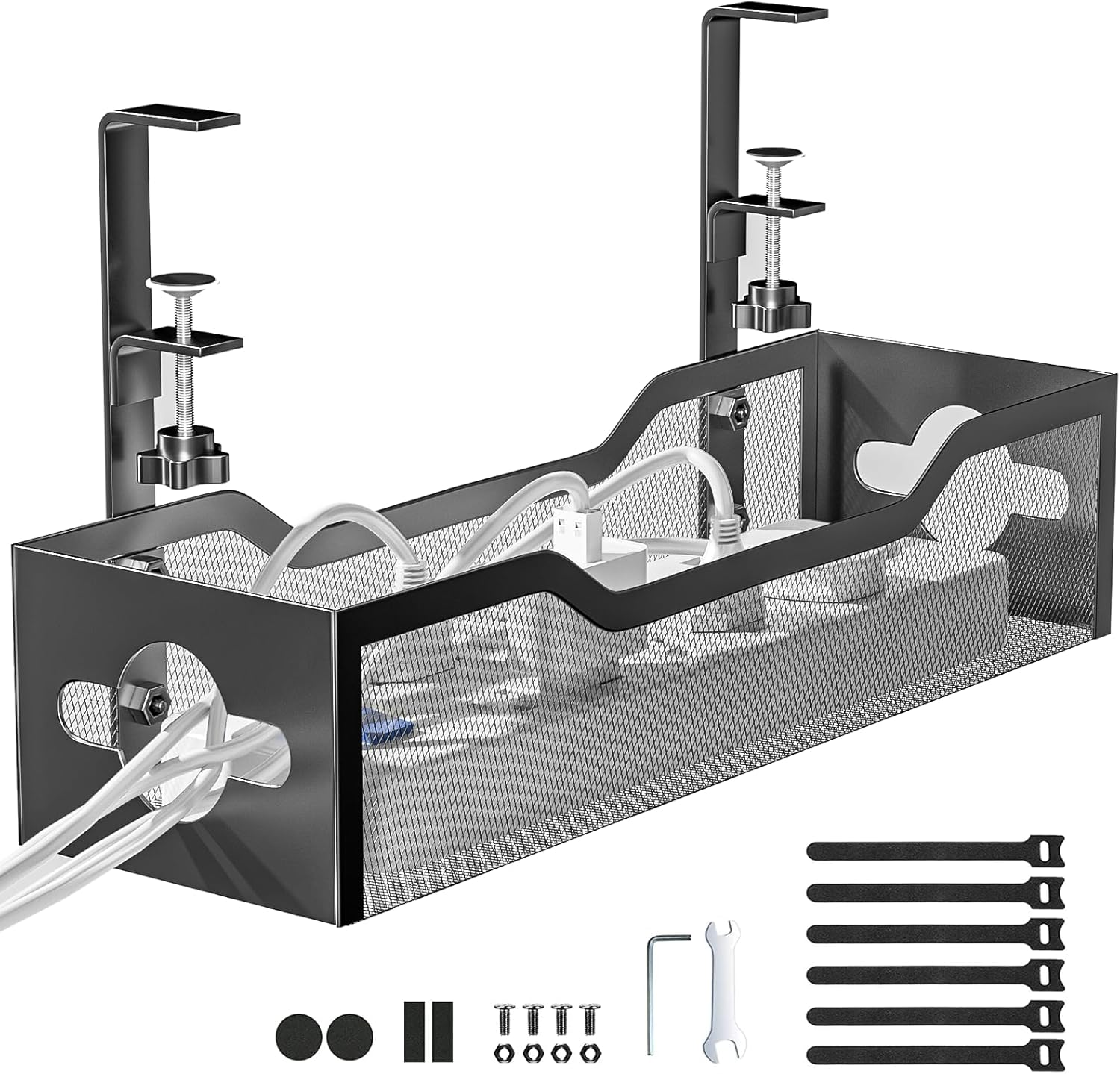 Under Desk Cable Management Tray Black,  Cable Management under Desk No Drill, Cable Organizer with Clamp for Wire Management, Cord Organizer No Damage to Desk for Office, Home
