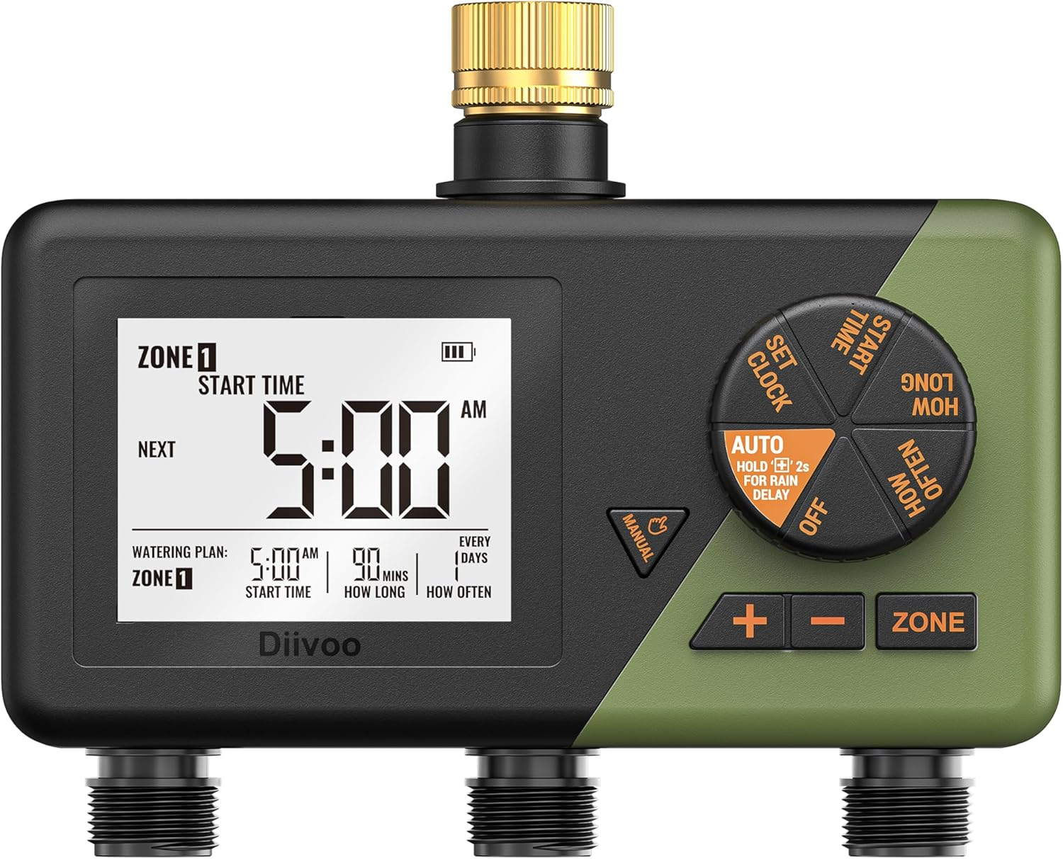 Brass 3 Zone Sprinkler Timer, Programmable Hose Timers for Watering 3 Outlet with Large Display, Rain Delay & Manual Mode for Outdoor Automatic Irrigation of Garden, Lawn, Yard