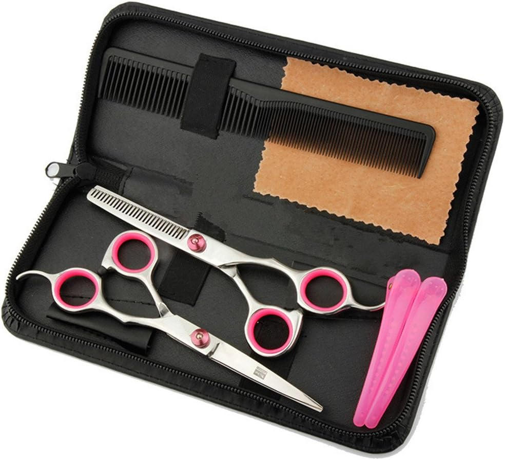 Professional Hair Cutting Scissors Shears Barber Thinning Set Kit- Family Hair Cutting,Barber Hair Cutting Tool Thinning Texturizing/Pink 6"