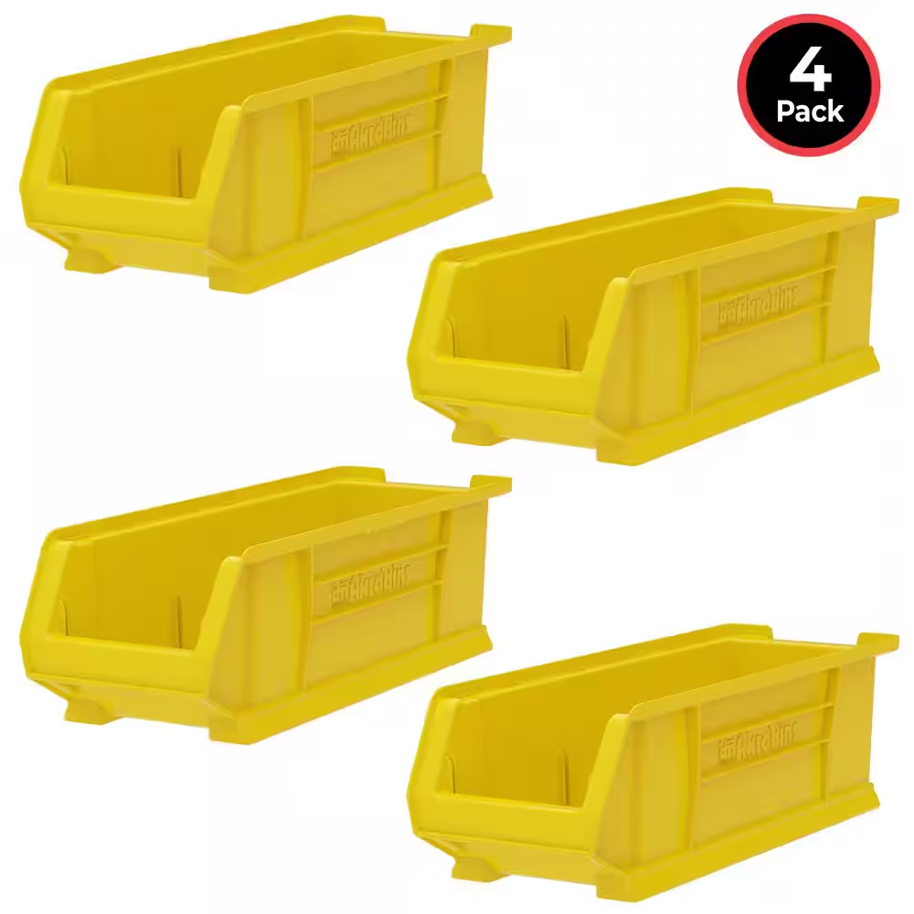 Super-Size Plastic Stackable Tool Storage Bins/ Totes,Hanging Organizer,23.875In. D X8-1/4In. W X7In. H, Yellow,(4-Pack)