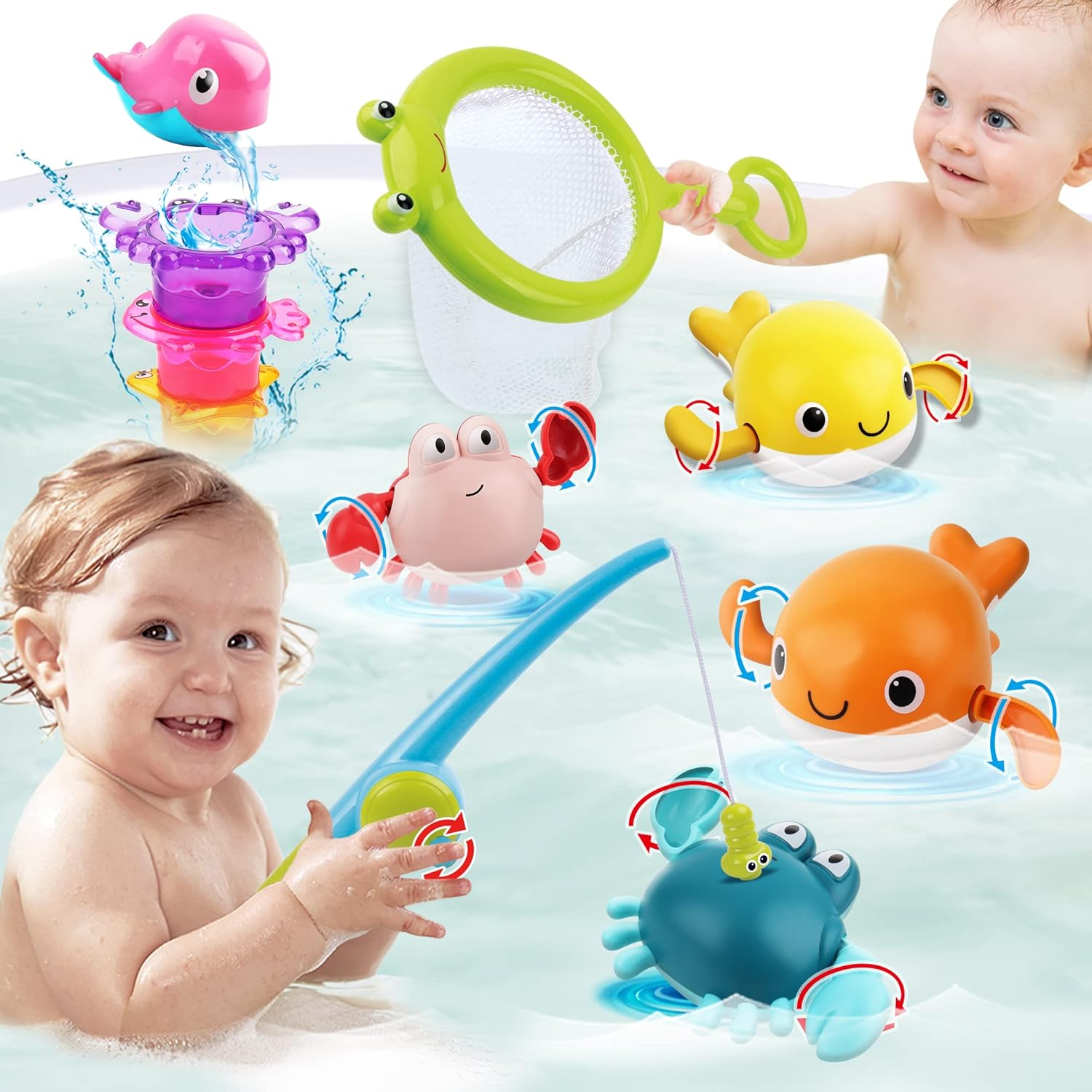 Bath Toy for Toddlers ,Bathtub Toy with Floating Mold Free Swimming Toys and Stacking Cups,Magnetic Fishing Game for Toddles and Babies