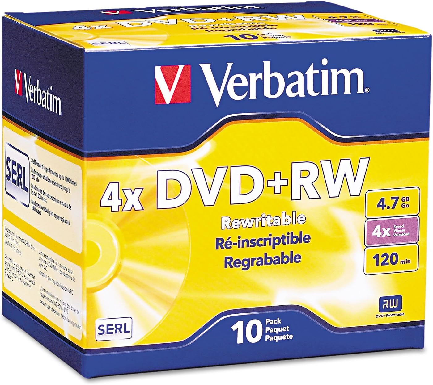 Verbatim DVD+RW Blank Discs 4.7GB 4X Recordable Discs - 10Pk Slim Case 94839