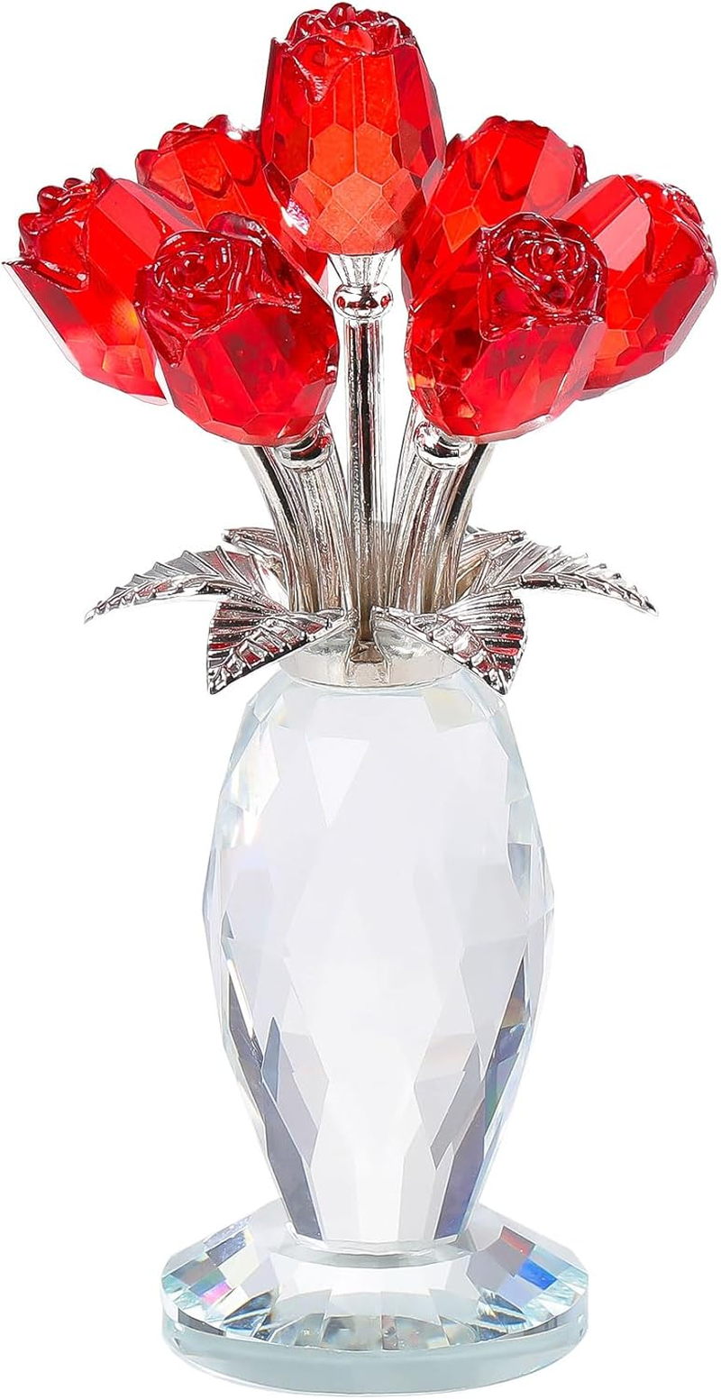 Red Rose Crystal Flower Glass Roses Bouquet Gifts for Women Wife Mom Collectible Blown Glass Figurines Home Desk Decor Ornaments for Wedding Birthday Mothers Day Anniversary