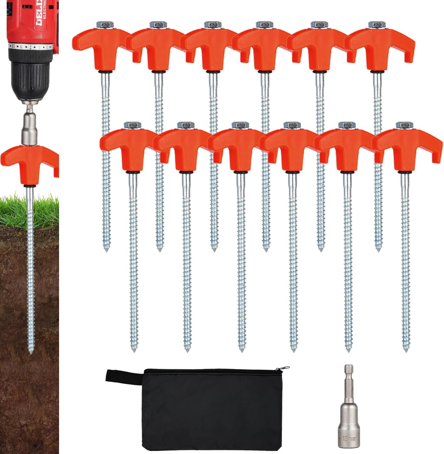 12 Pack Screw in Tent Stakes Heavy Duty,8 Inch Ground Anchors Screw In,Metal Stakes with Hex Head Driver,Camping Tent Accessories.(Orange)