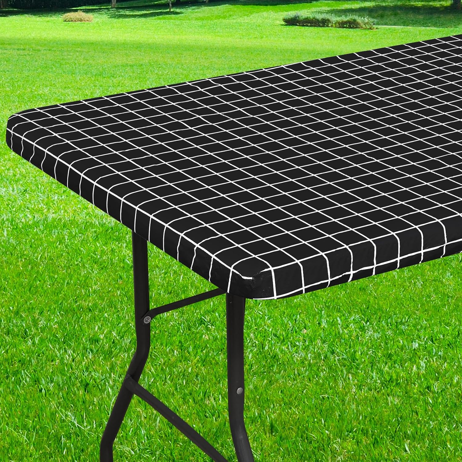 Rectangle Vinyl Table Cloth, Elastic Fitted Flannel Backed Plastic Table Covers for 6 Foot Folding Tables, Waterproof for Picnic, Camping, Indoor and Outdoor (Black, 30 X 72 Inch)