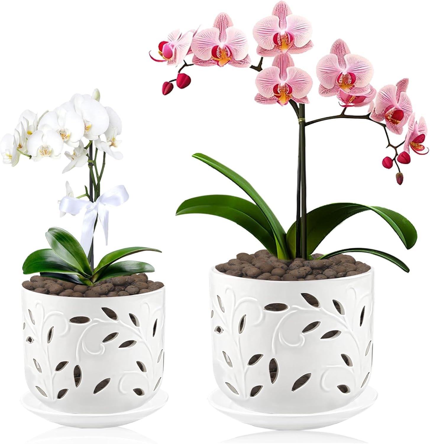 BUYMAX 5 Inch&6 Inch Orchid Pots with Holes & Removable Trays, White Ceramic Pots for Plants, Effective Drainage and Ventilation for Orchid Root Health to Assist New Plants or Repotting