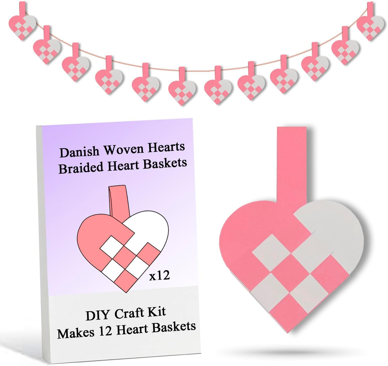 12 DIY Danish Heart Baskets. Precut and Ready to Use, No Tools Needed. Traditional Weaving Paper Craft to Make Julehjerter. Great Home Classroom Decorations (Pink/White Kit)