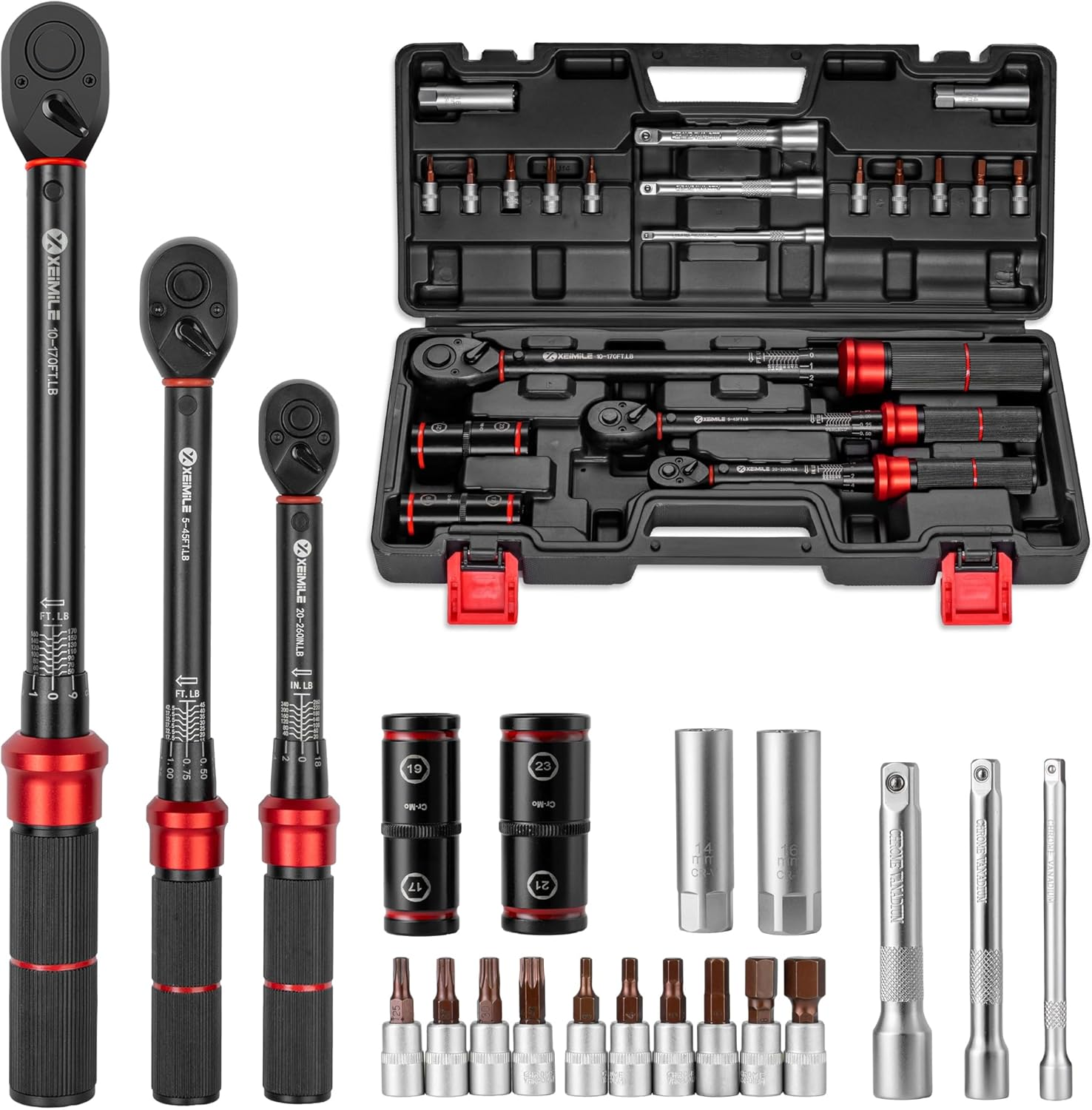 1/4 3/8 1/2-Inch Drive Click Torque Wrench, 20Pcs Torque Wrench Set 20-260 In.Lb,5-45 Ft.Lb,10-170 Ft.Lb, Dual-Direction 72 Tooth Dual Range Scales, 3% Precision for Bike Car Motorcycle Repair